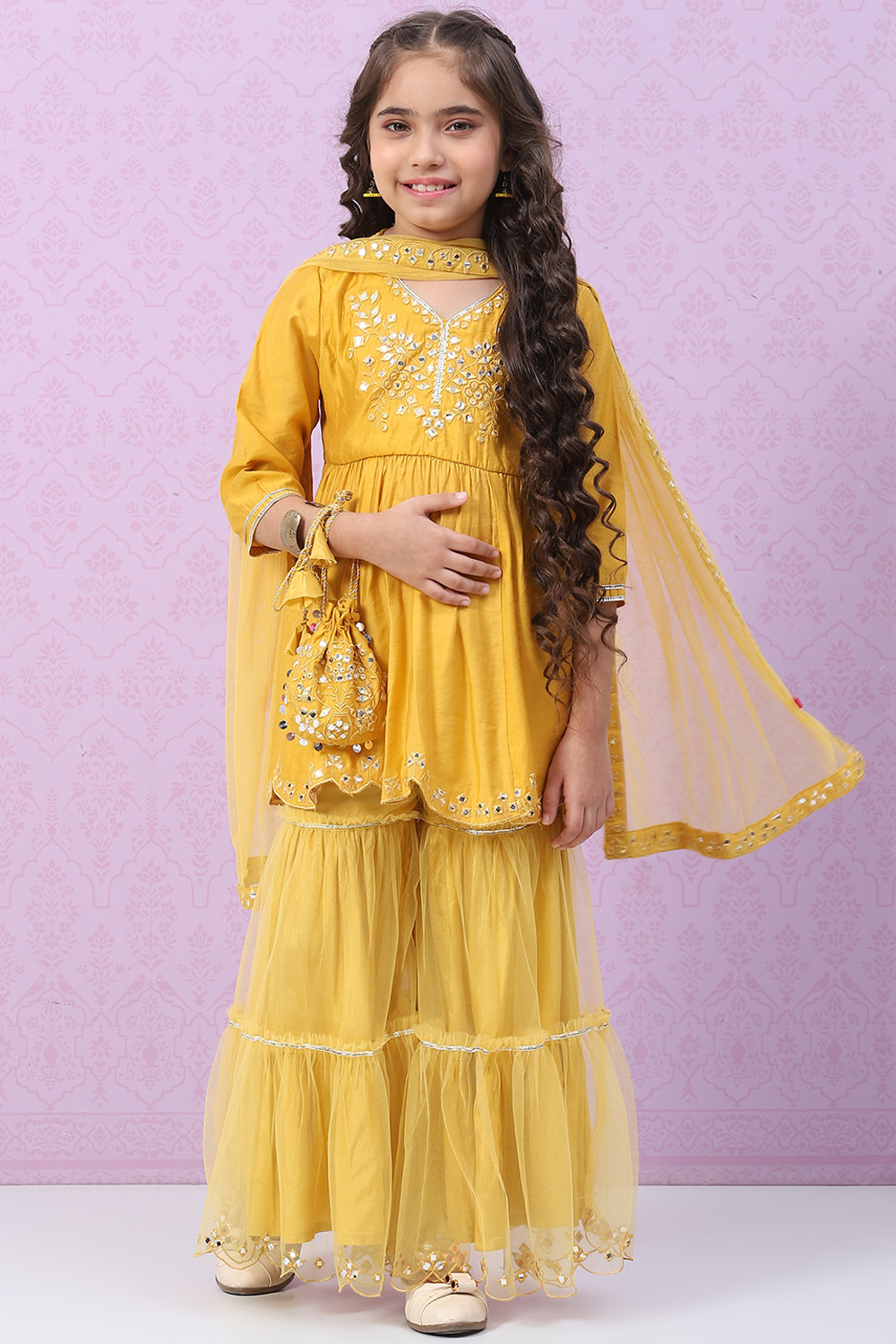 Mustard Yellow Nylon Gathered Kurta Sharara Suit Set image number 0