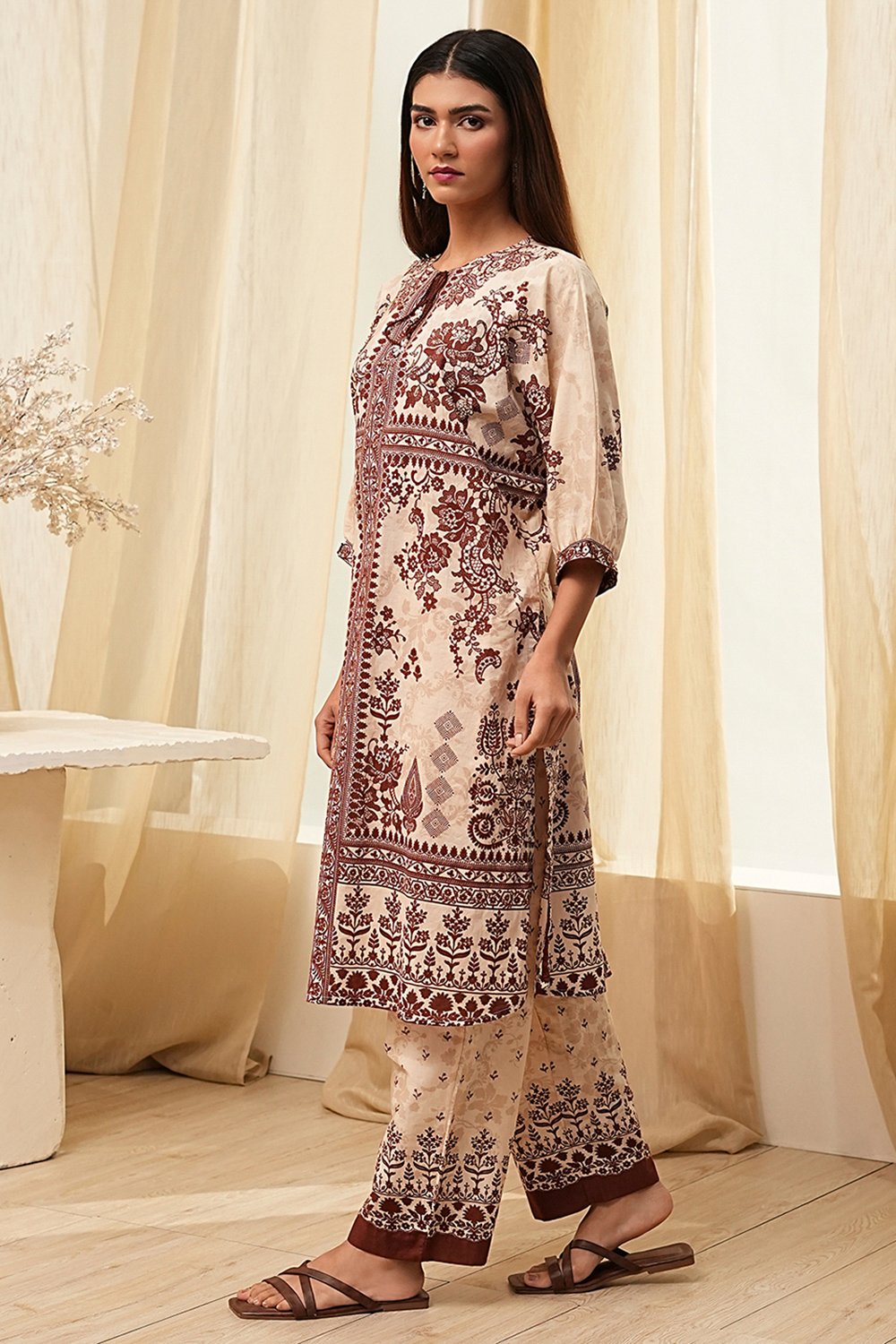 Beige and Brown Pure Cotton Printed Kurta Set image number 3