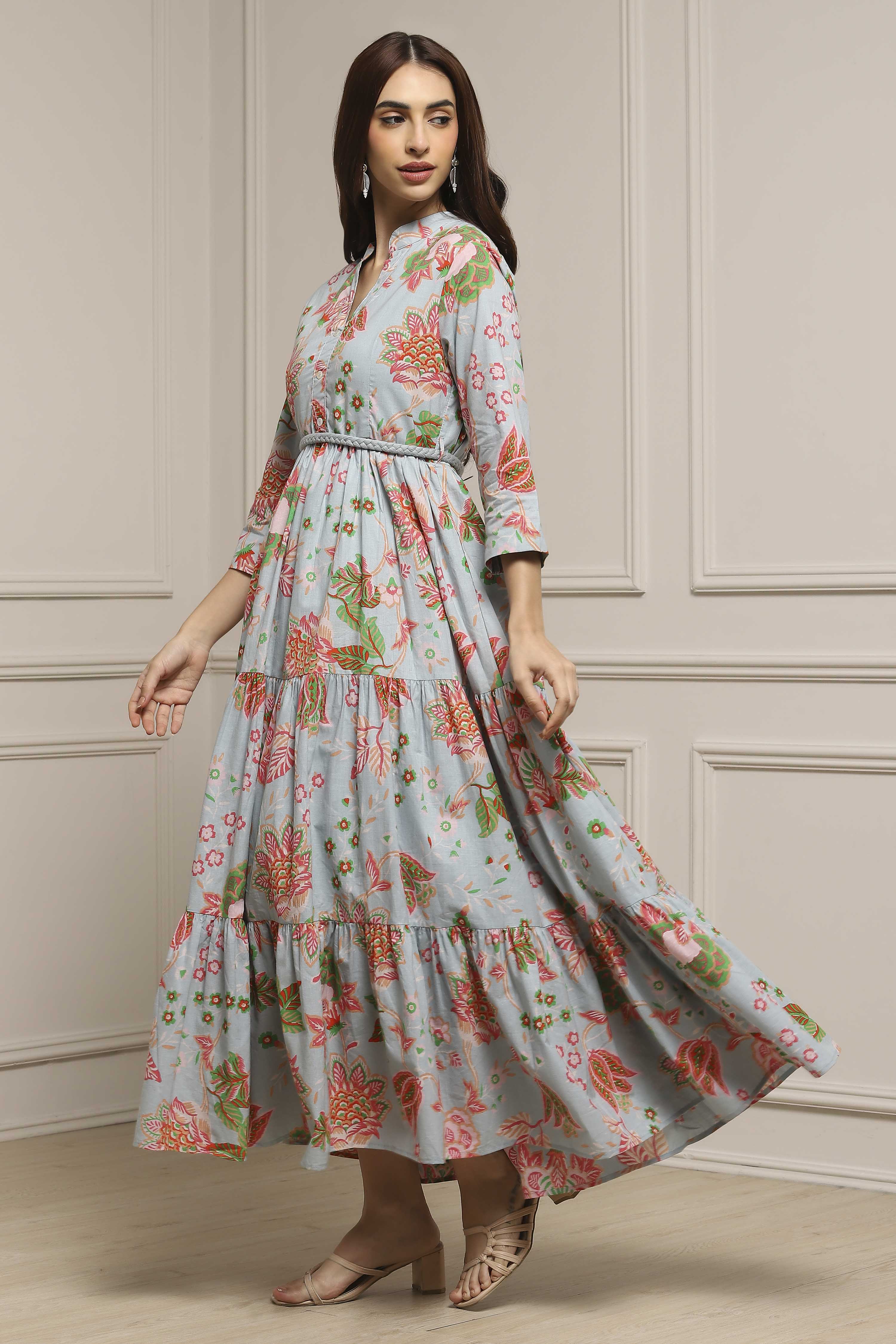 Earthy Blue Cotton Floral Tiered Dress image number 2