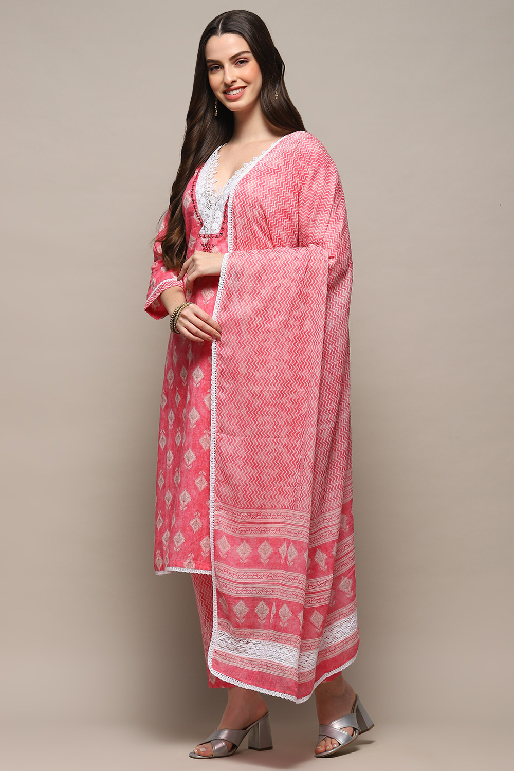 Pink Cotton Unstitched Suit set image number 5