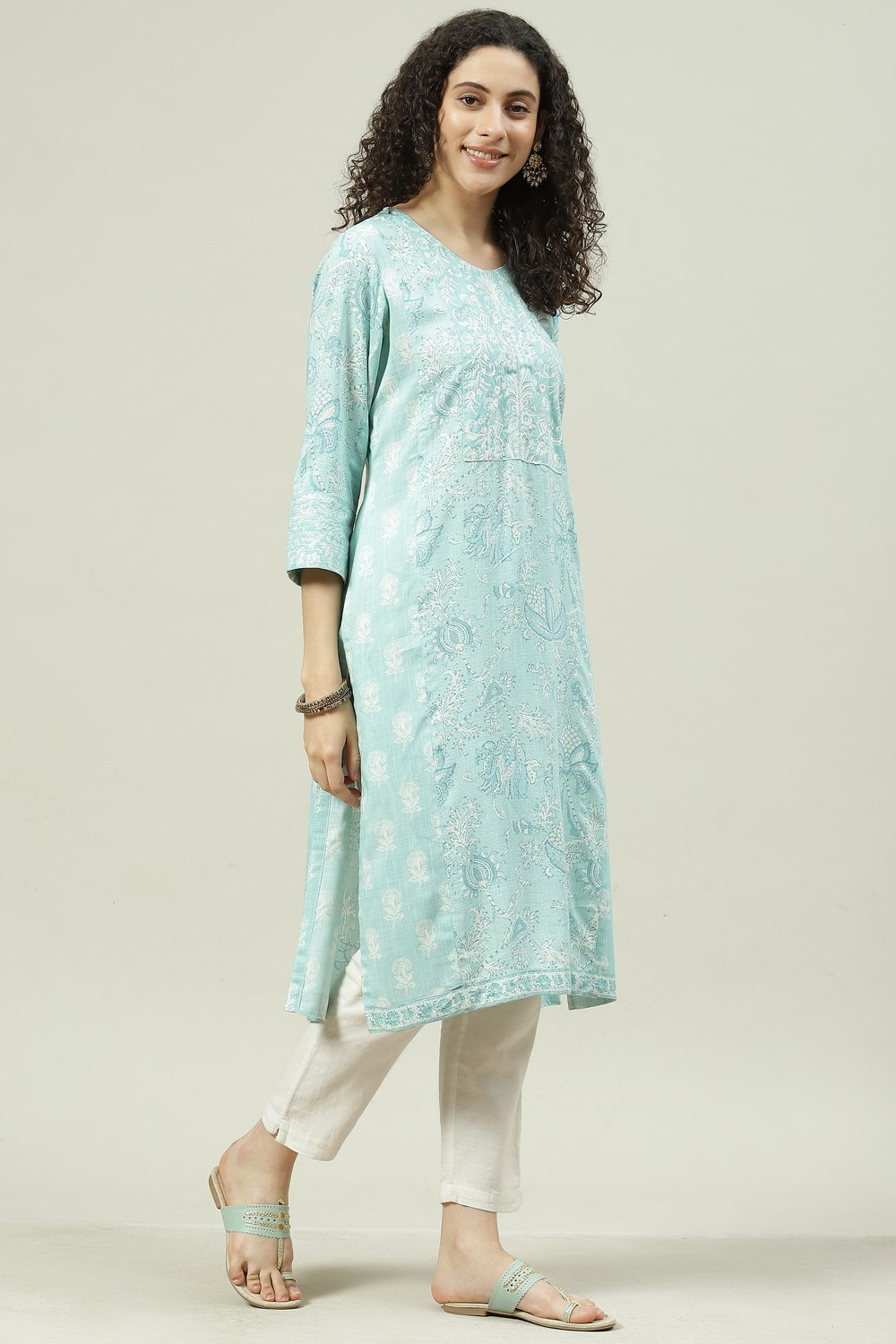 Turquoise Rayon Straight Printed Kurta image number 3