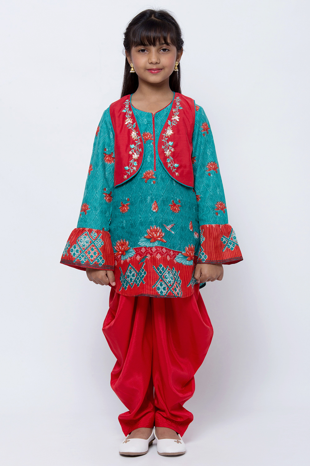 Turquoise And Red Cotton Straight Kurta Dhoti Salwar Suit Set image number 0