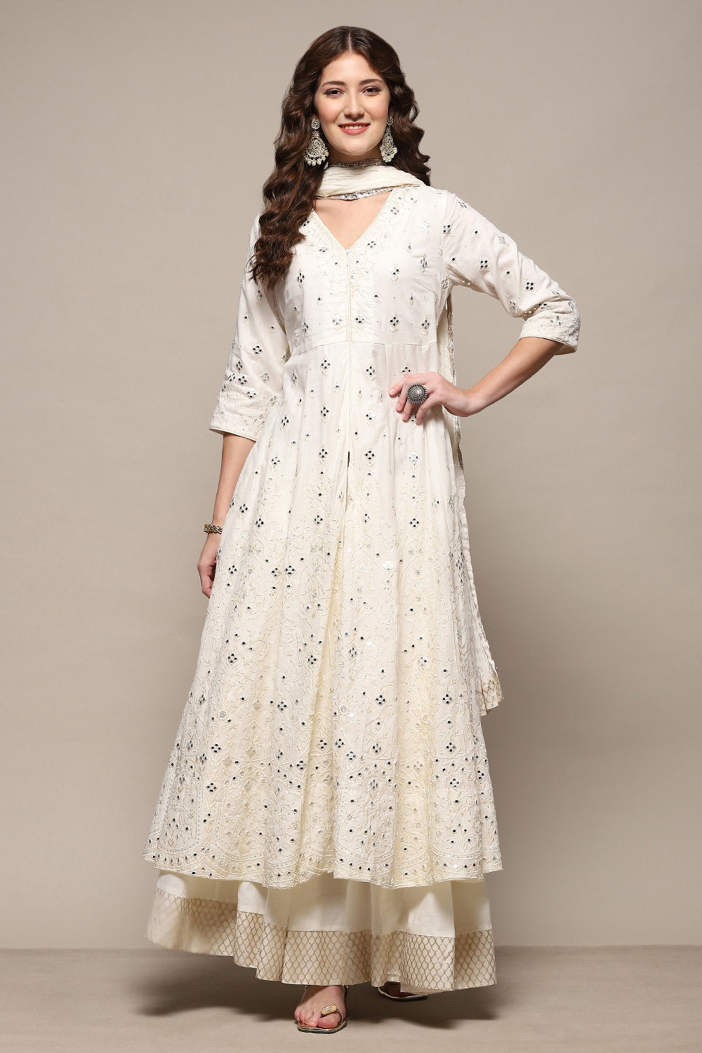 Off White Cotton Anarkali Lehenga Set image number 7