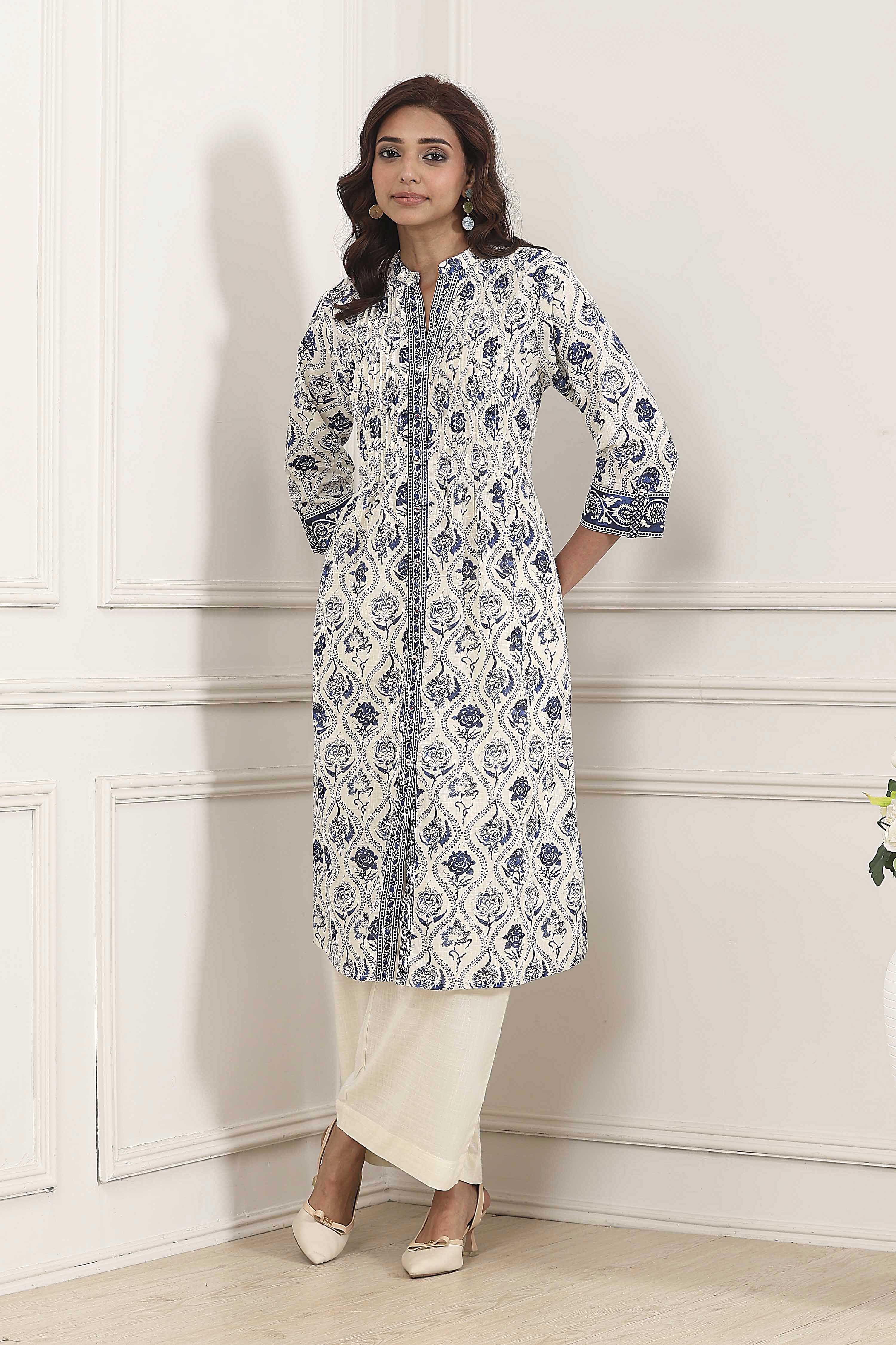 White and Blue Cotton Printed Pleated Straight Kurta image number 0