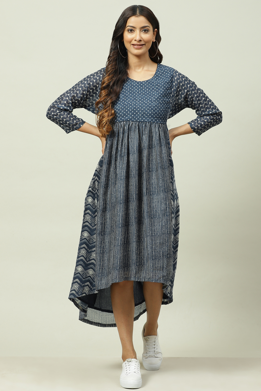 Indigo Art Silk Asymmetric Printed Kurta Dress image number 0
