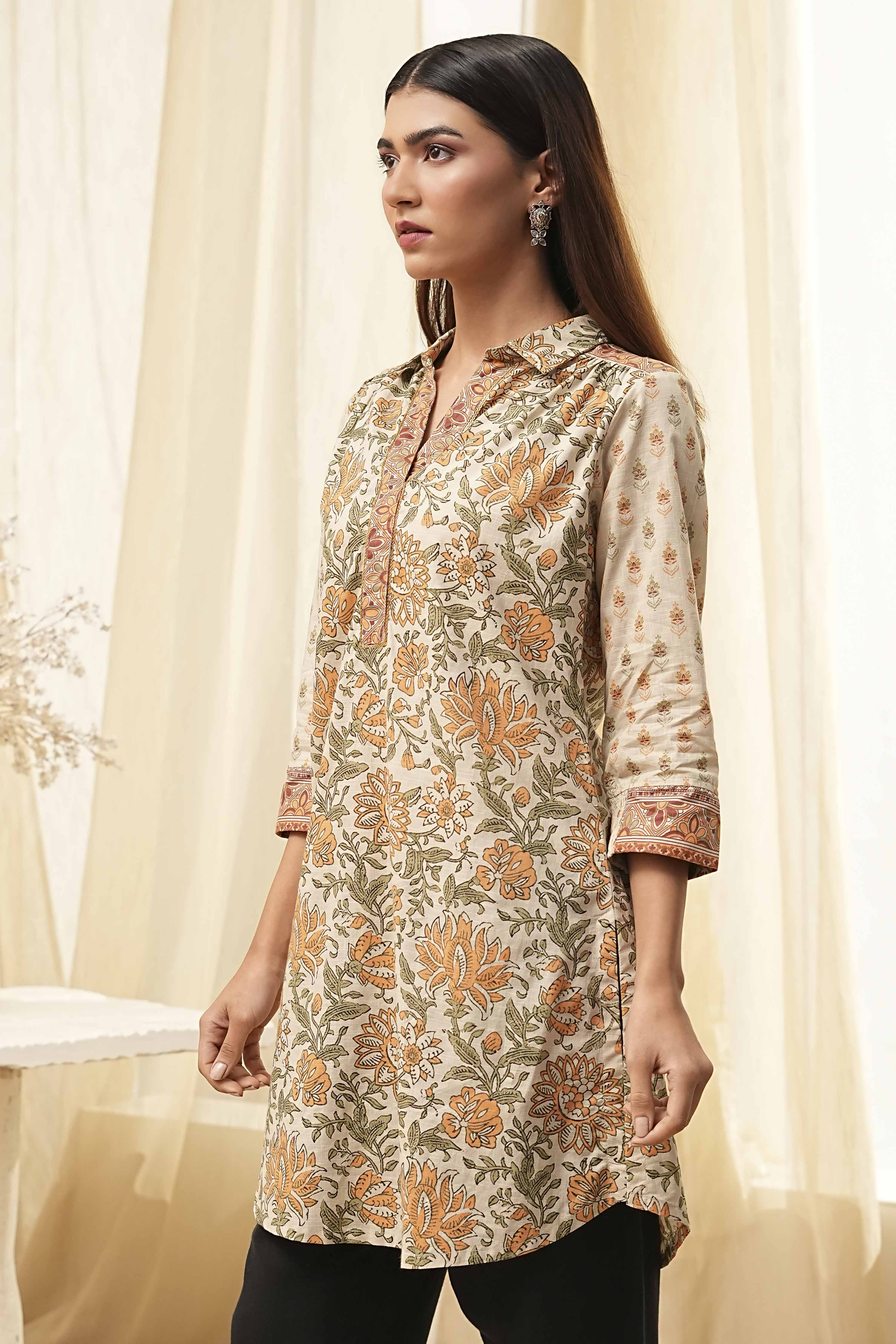 Honey Beige Cotton Floral Short Straight Kurta image number 2