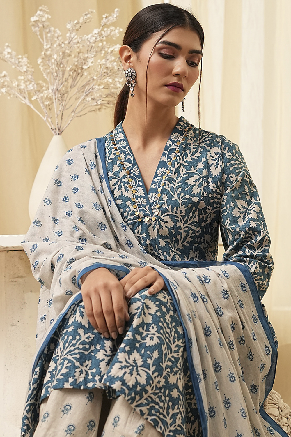 Red Cotton Printed Gathered Suit Set image number 1
