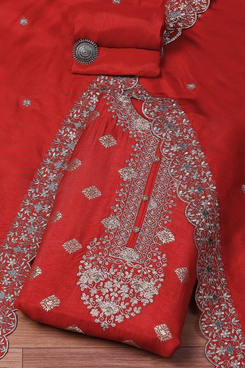 Red Banarasi Silk Machine Embroidered Unstitched Suit Set image number 0