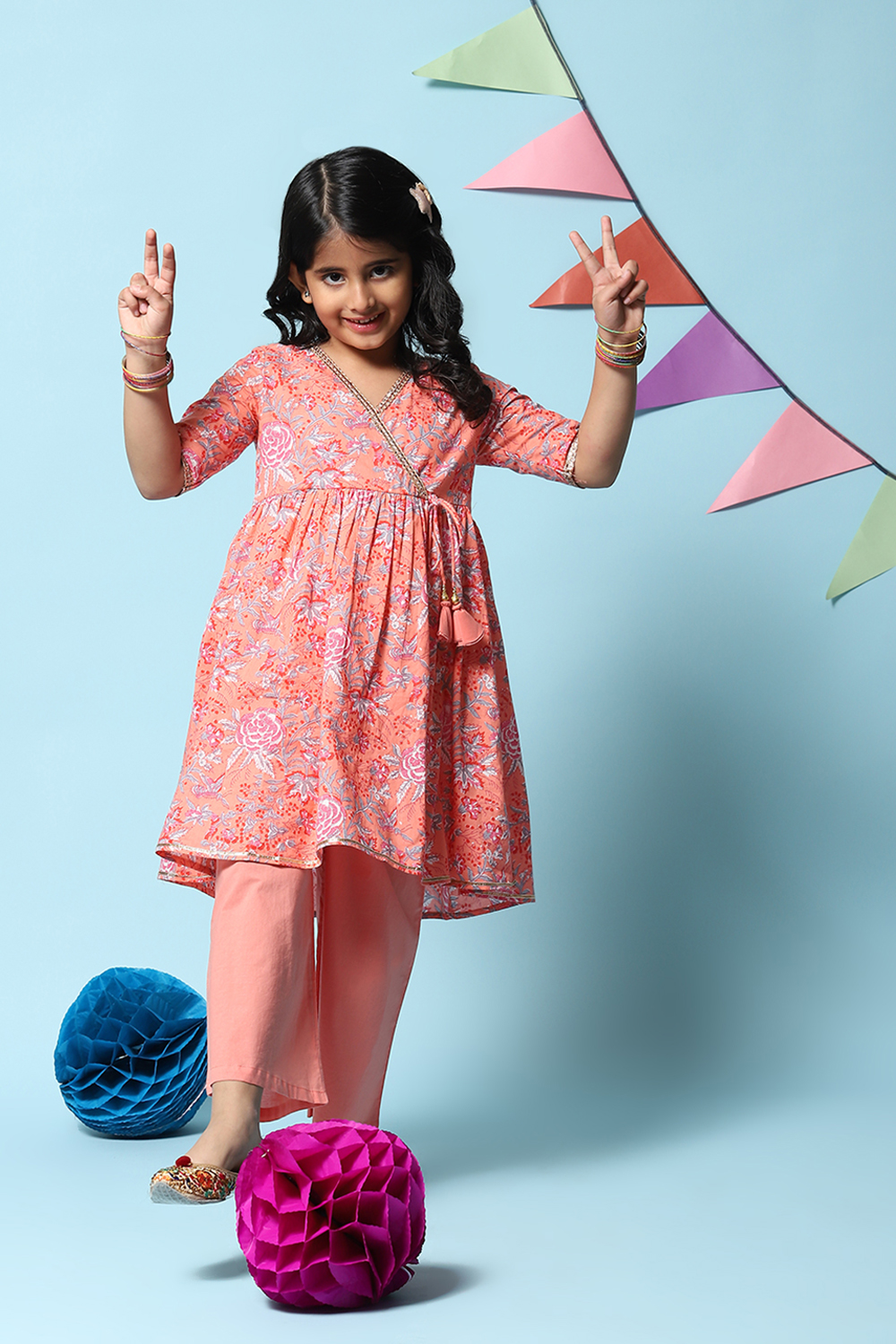 Peach Cotton Straight Printed Kurta Set image number 0