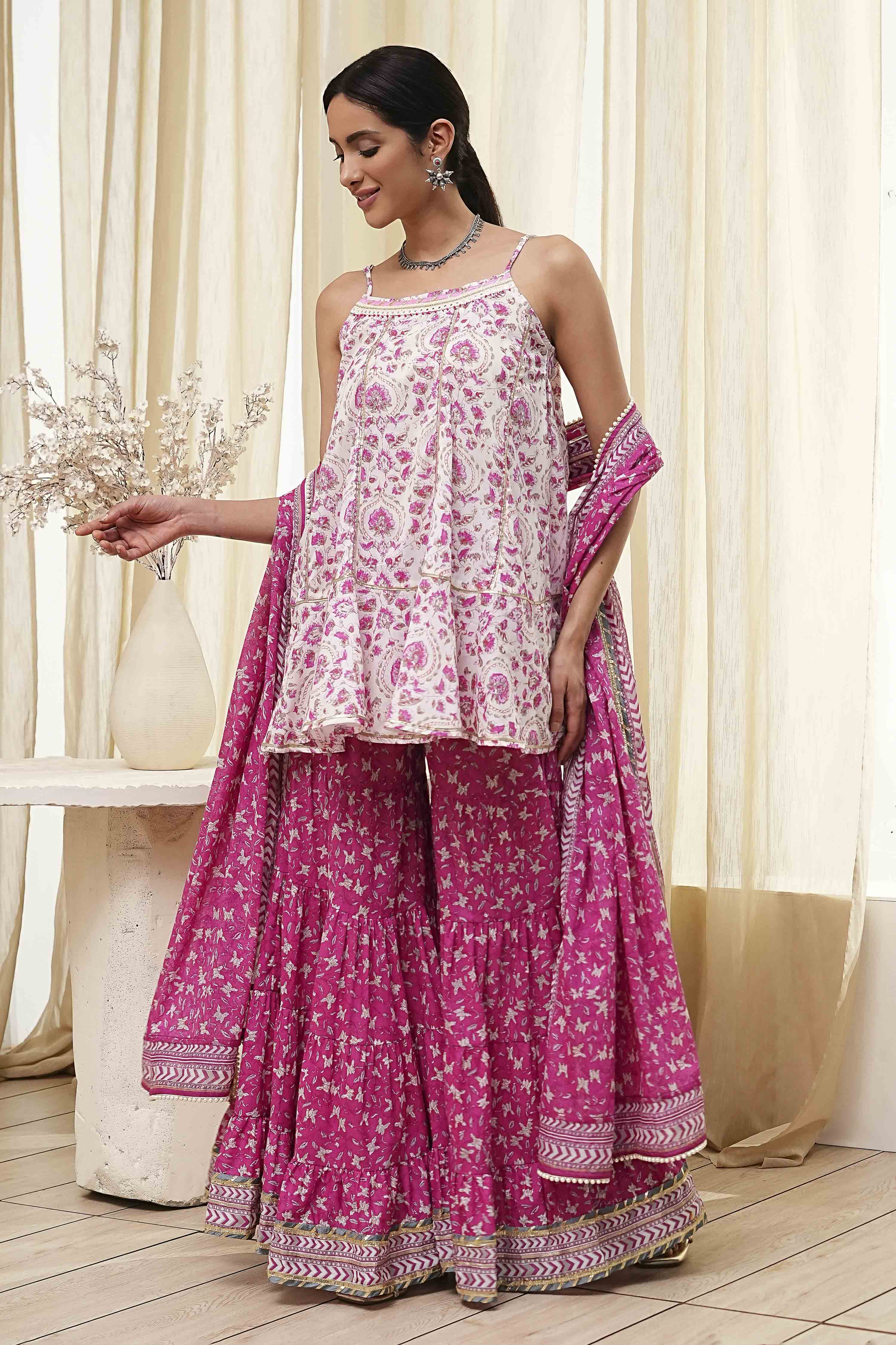 White and Blue Cotton Floral Flared Suit Set image number 3