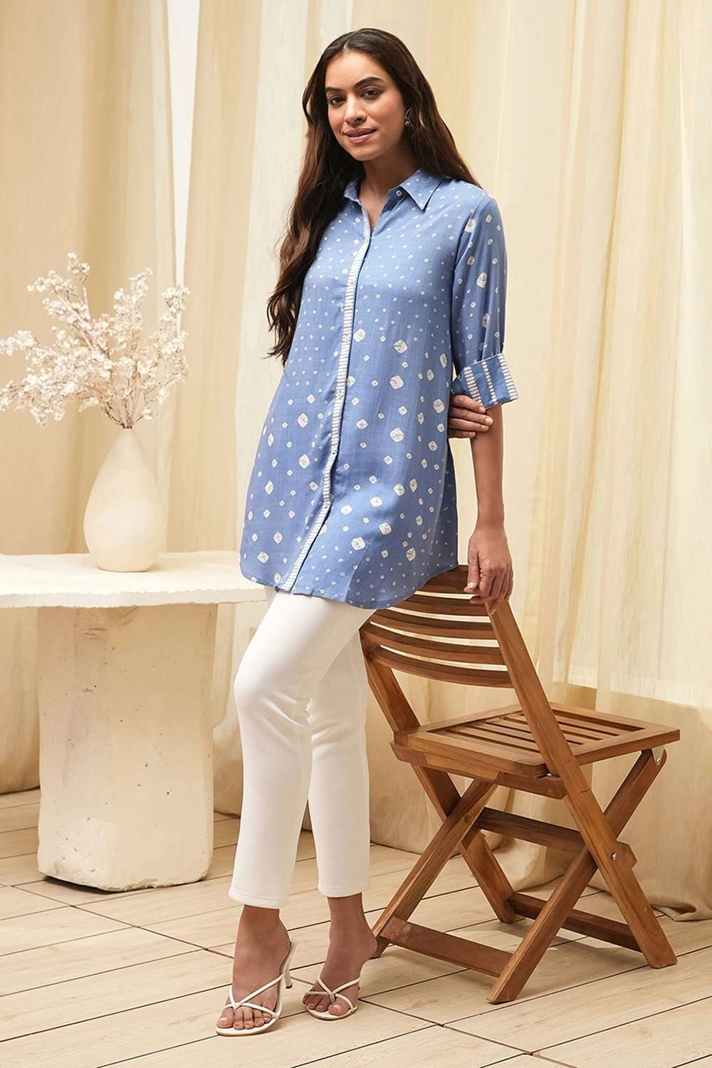 Blue Printed High-Low Short Kurta image number 0