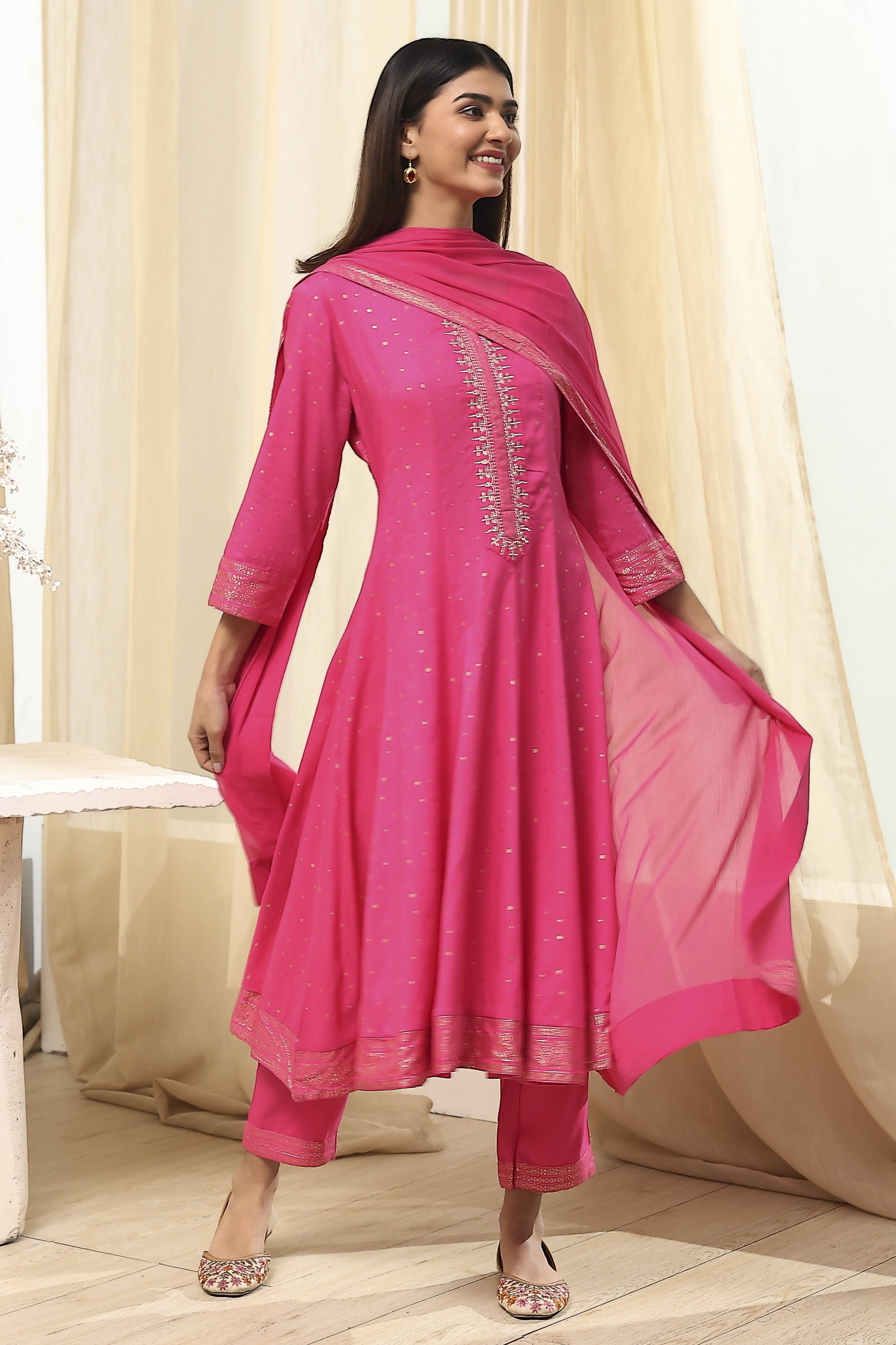 Fuchsia Viscose Printed Kalidar Suit Set image number 0