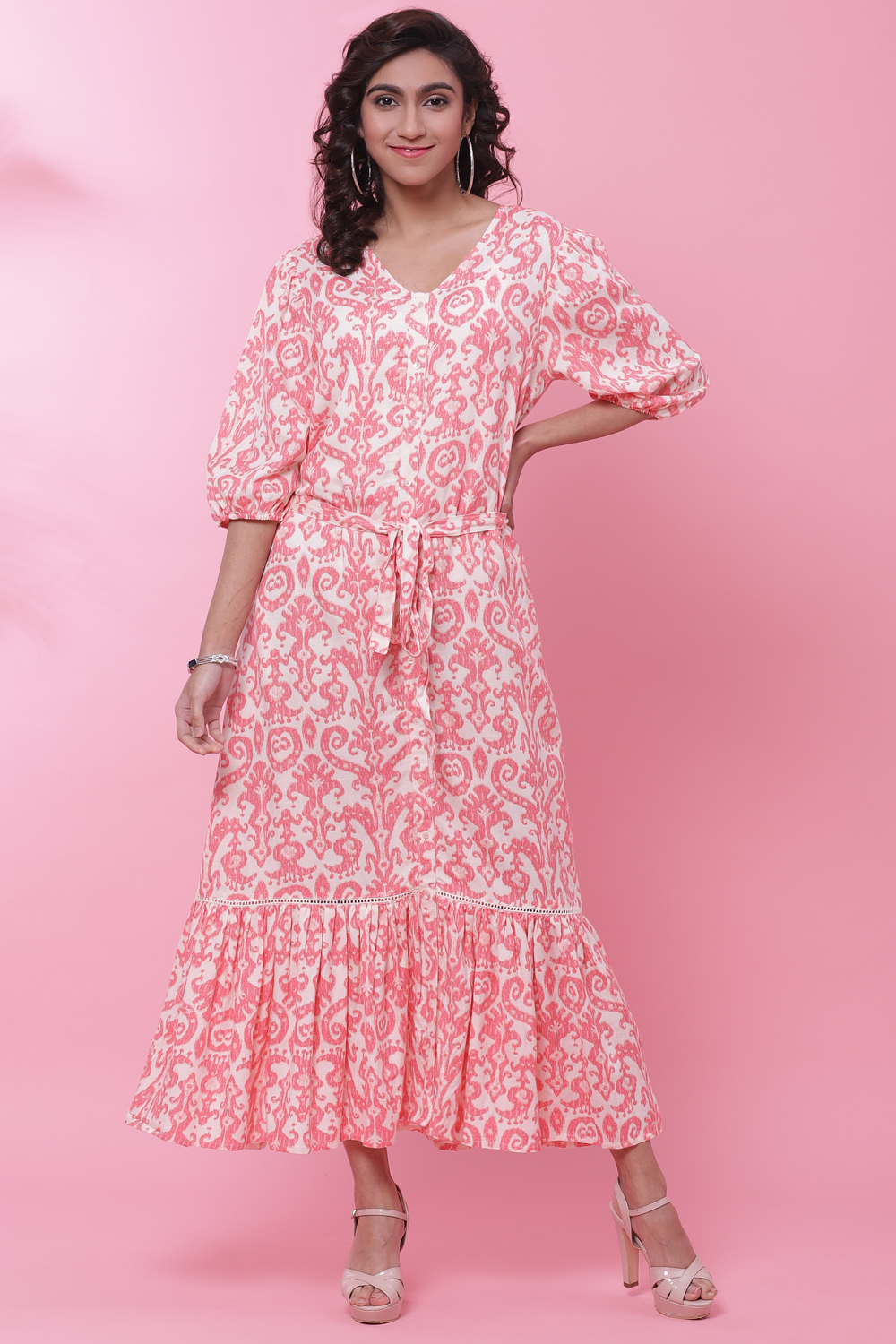 Pink Rayon Tiered Fusion Dress image number 0