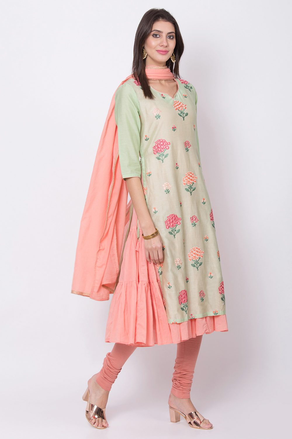 Green Cotton Silk A-Line Kurta Churidar Suit Set image number 4