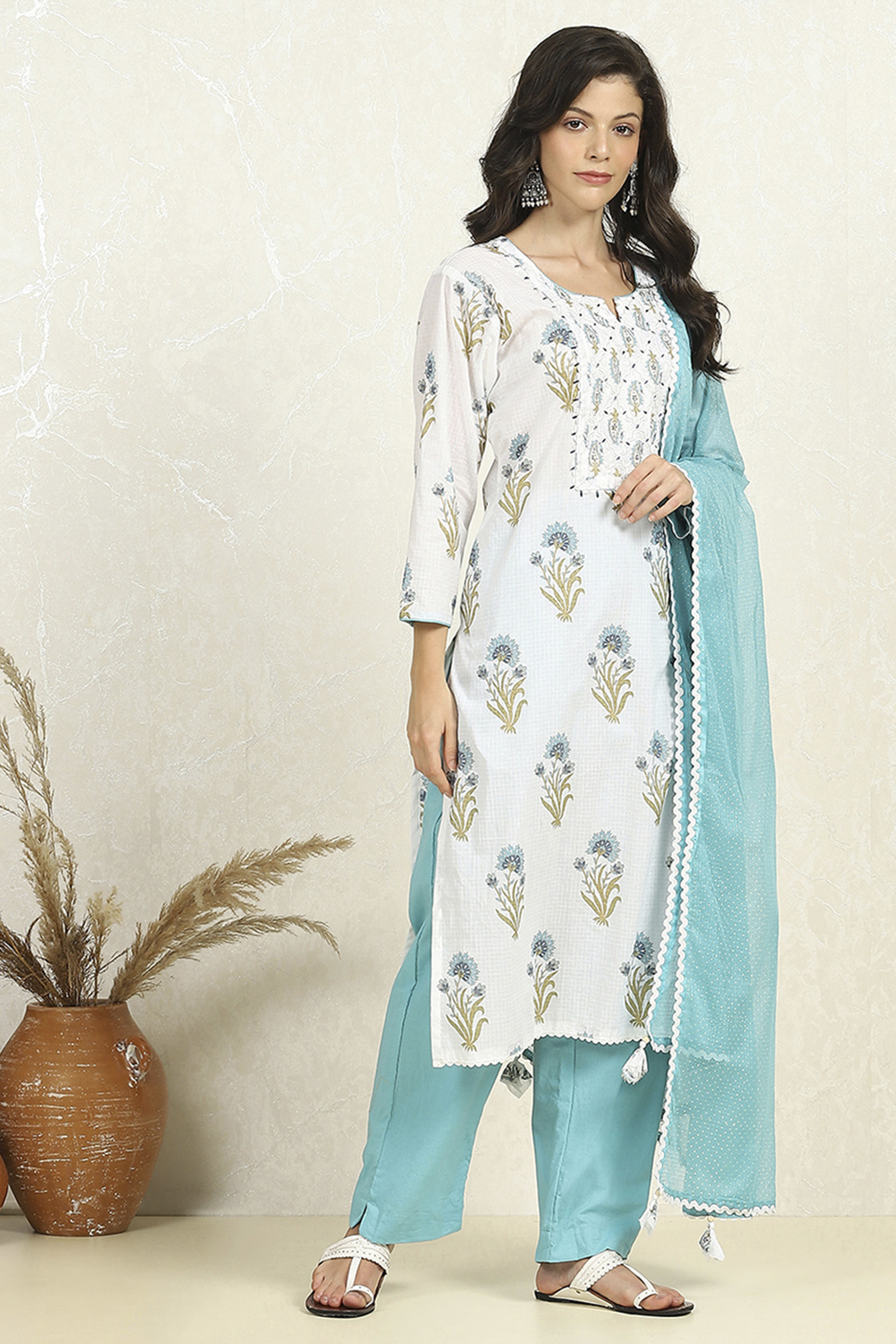 Blue Cotton Unstitched Suit Set image number 6