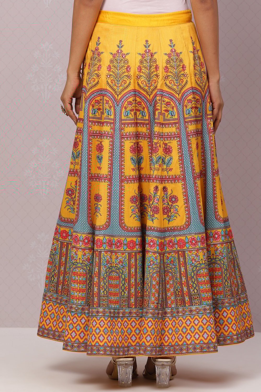 Yellow Flared Art Silk Skirts at Biba India