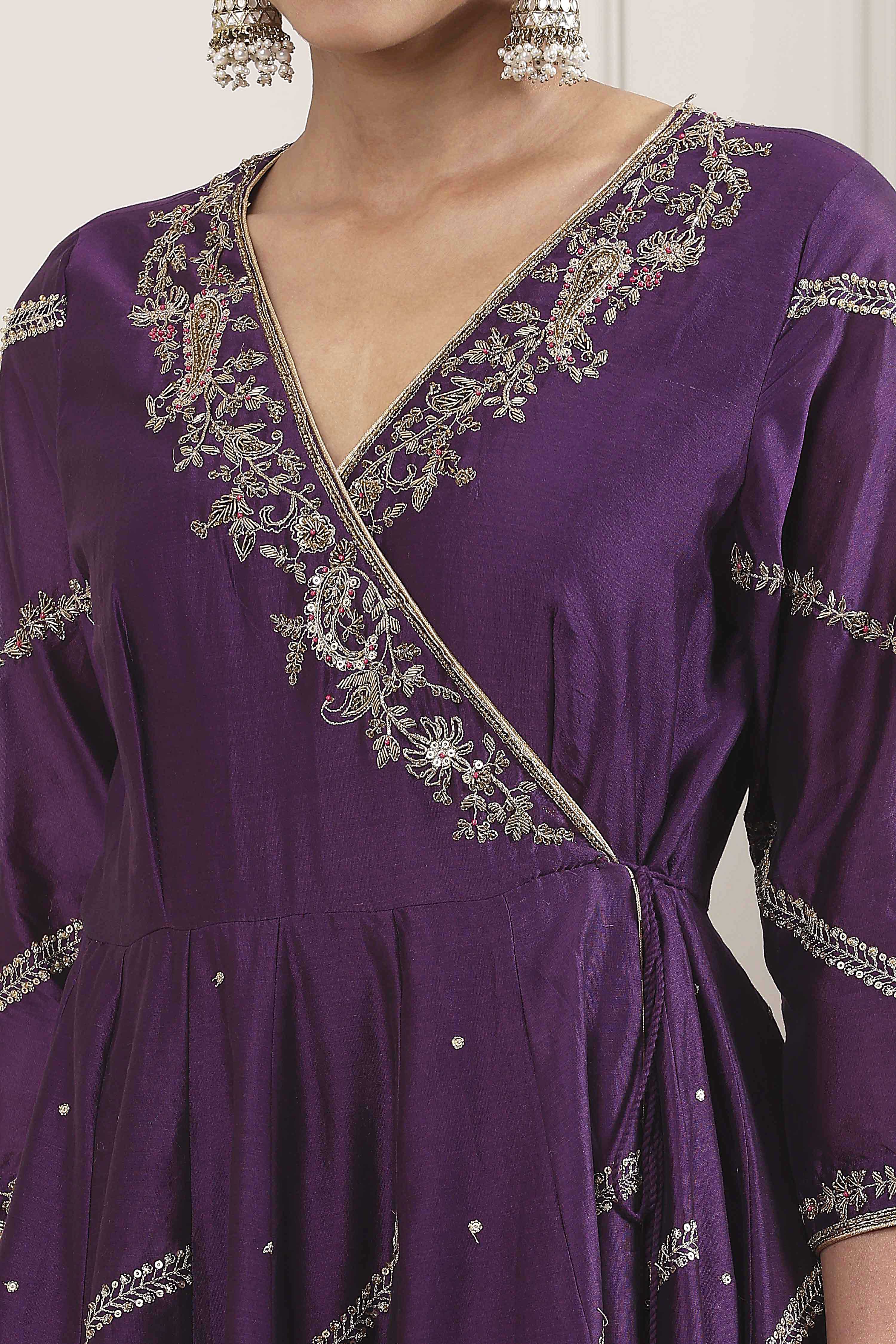 Purple Chanderi Silk Gota Embroidered Anarkali Suit Set image number 1