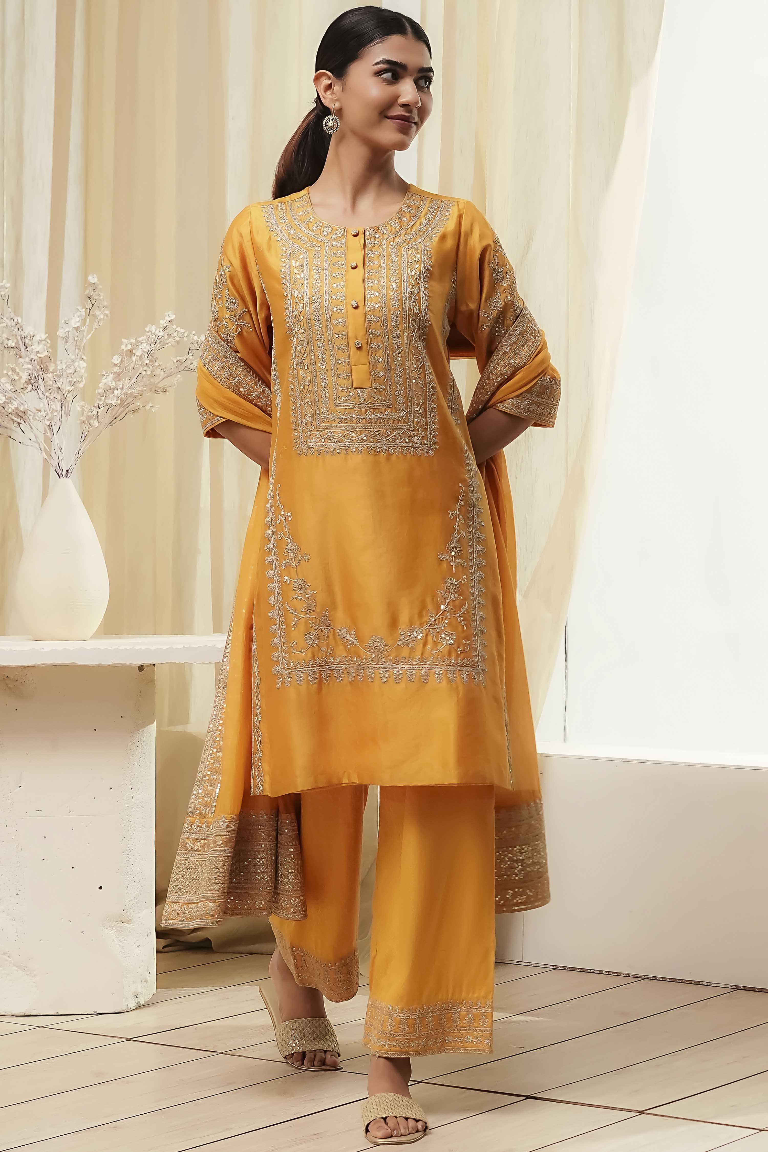 Ochre Yellow Cotton Silk Straight Suit Set image number 6