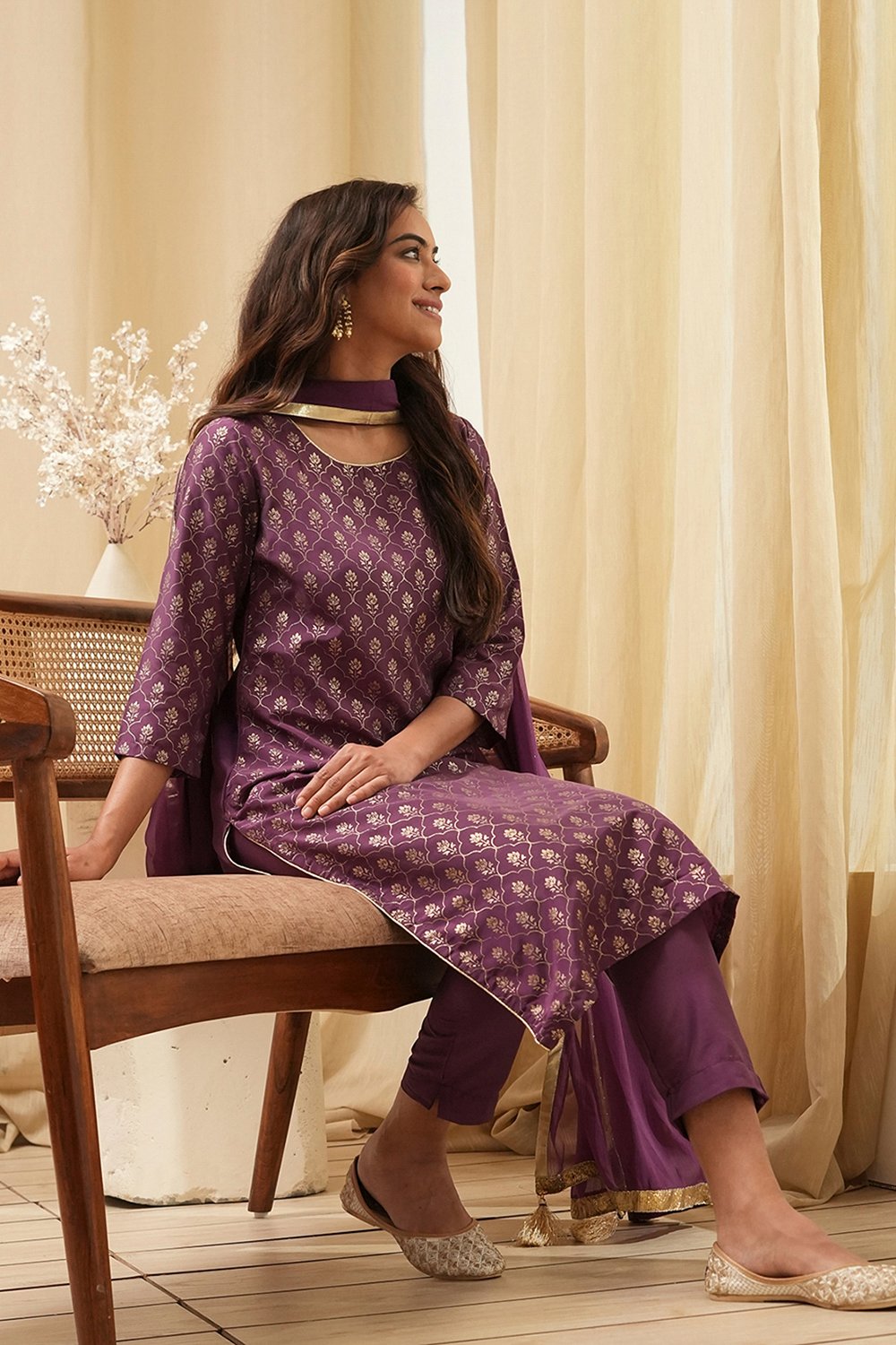 Dark Navy Art Silk Straight Kurta Slim Pants Suit Set image number 6