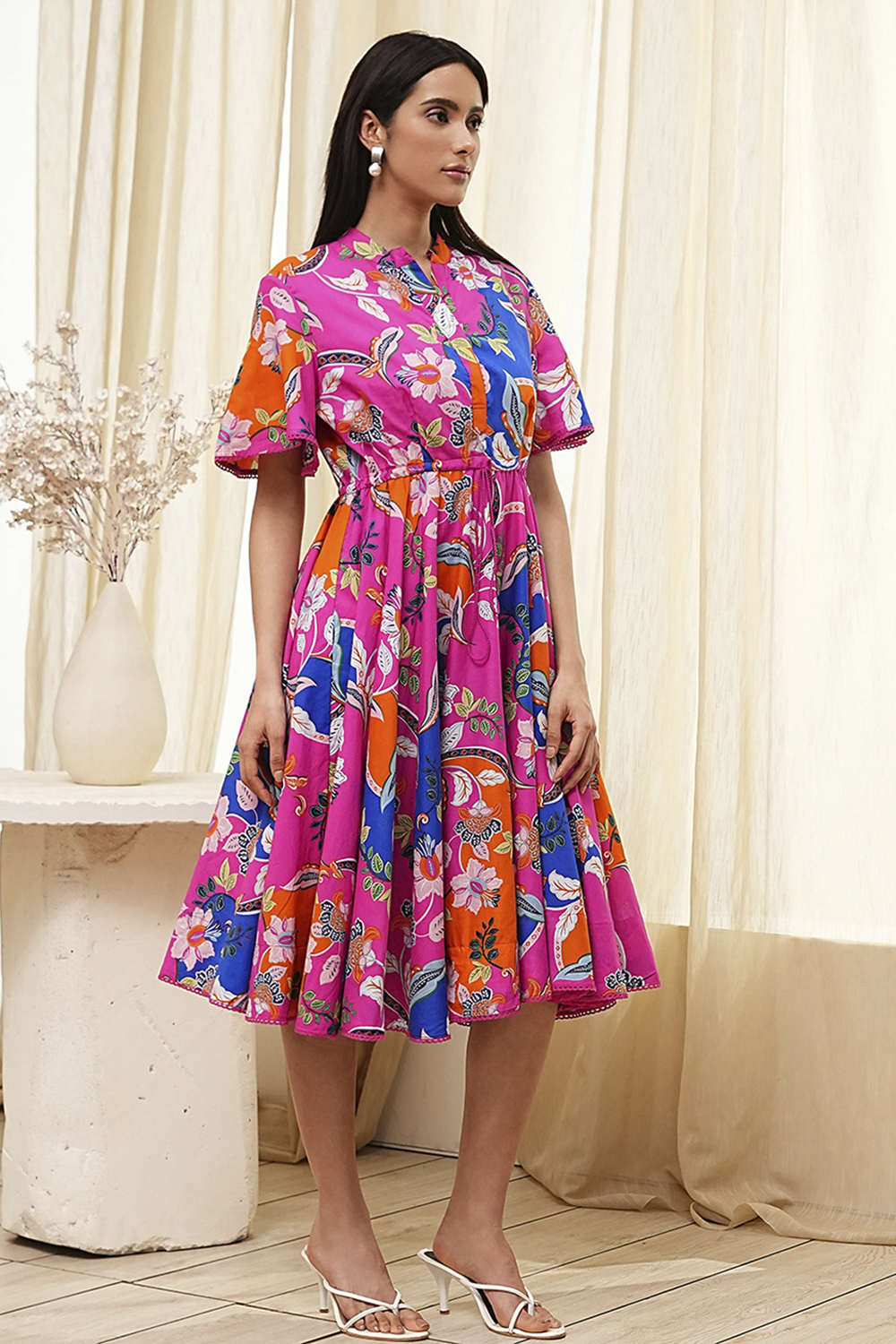 Pink Cotton Printed Flared Dress image number 4