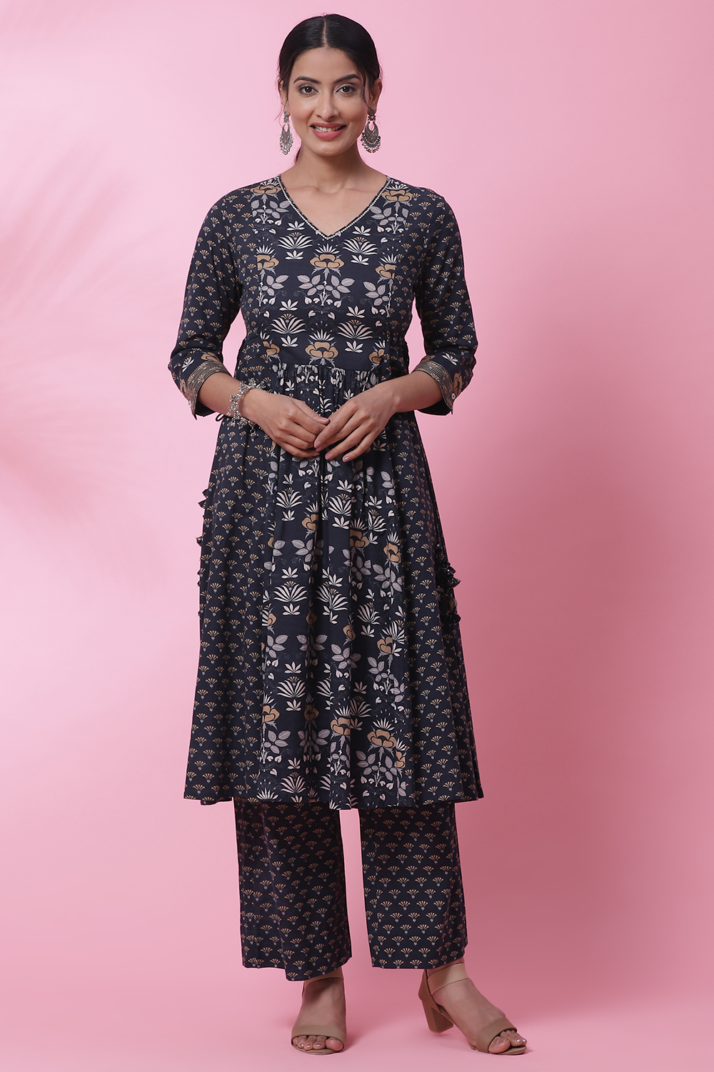 Black Cotton Flared Kurta Set image number 0