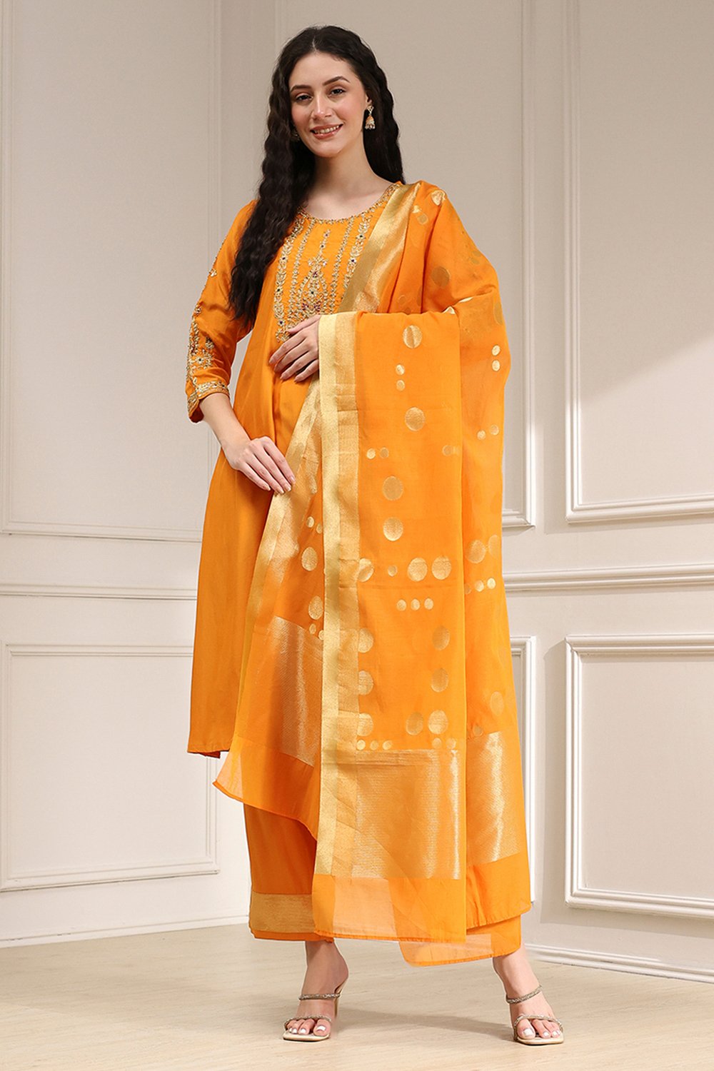 Orange Solid Straight Suit Set image number 7