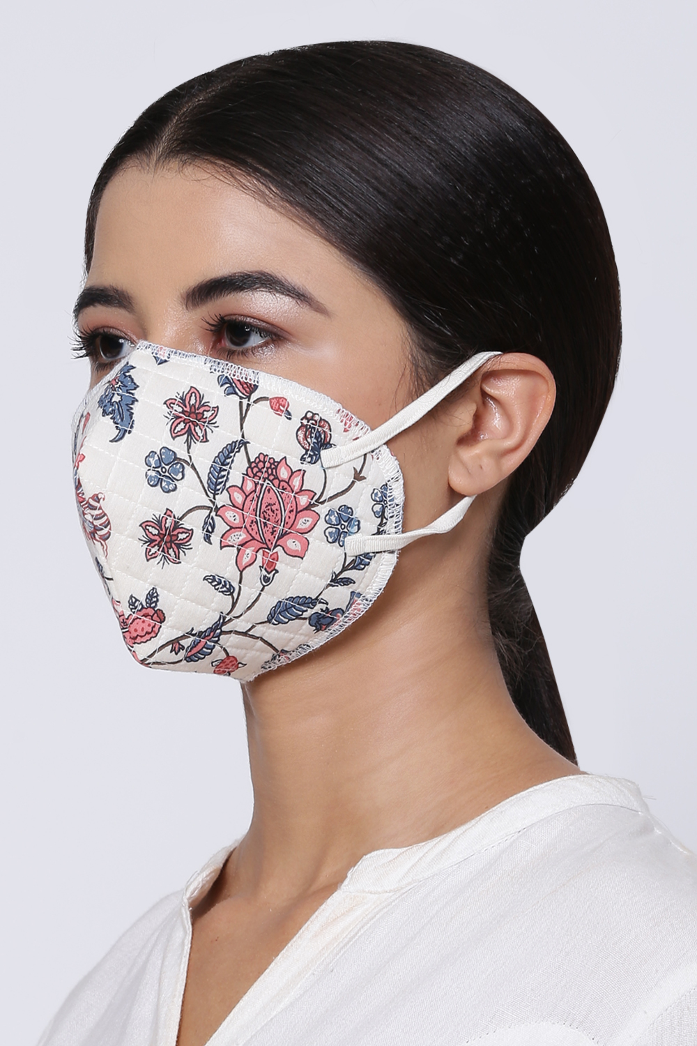 White Cotton Printed Face Mask image number 1