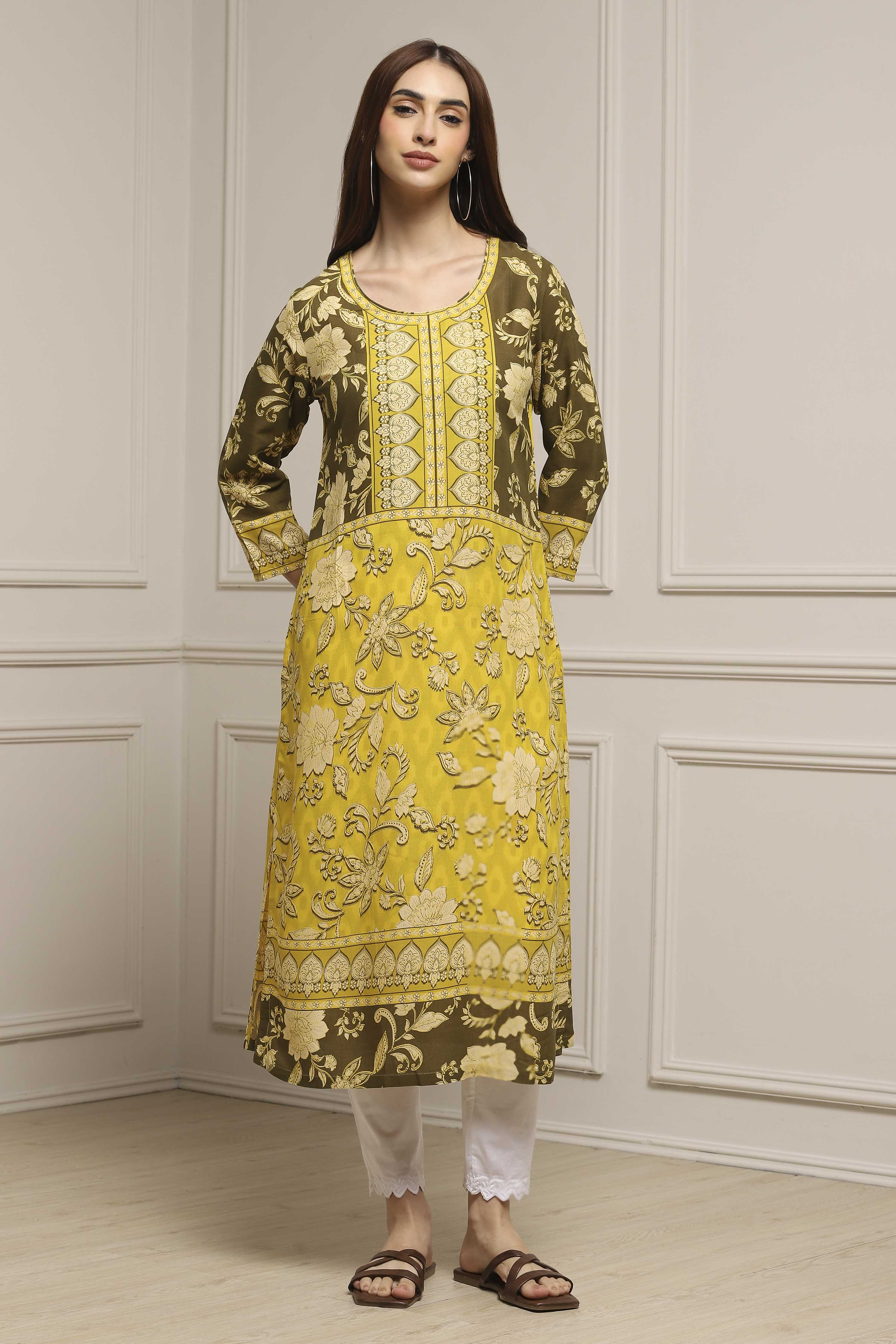 Olive Green LIVA Straight Printed Kurta image number 0