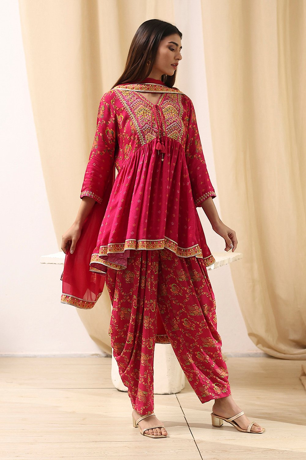 Fuchsia Viscose Floral Printed Peplum Suit Set image number 5