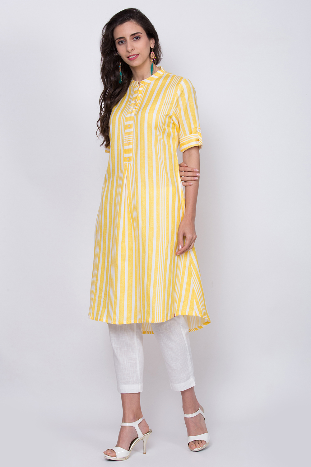 Yellow Striped Linen Printed Kurta image number 2