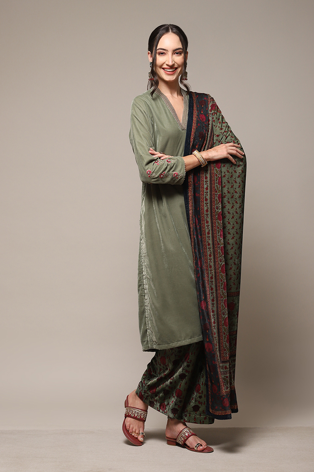 Dark Military Green Art Silk Straight Kurta Palazzo Suit Set image number 6