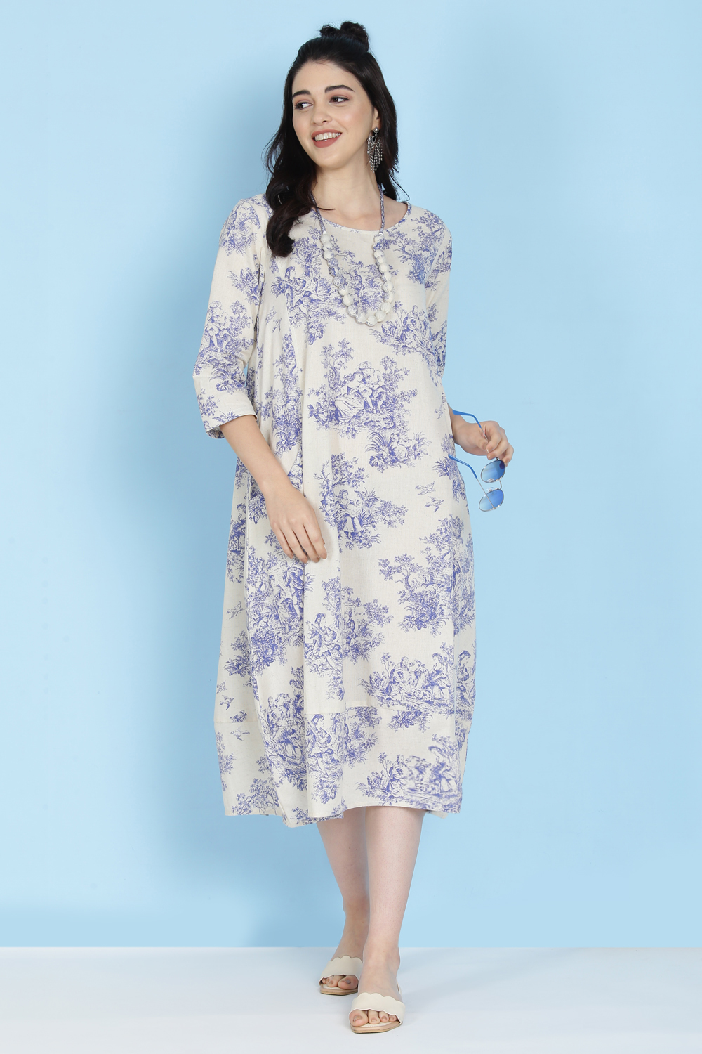 Black Cotton Flax A-line Printed Kurta Dress image number 3
