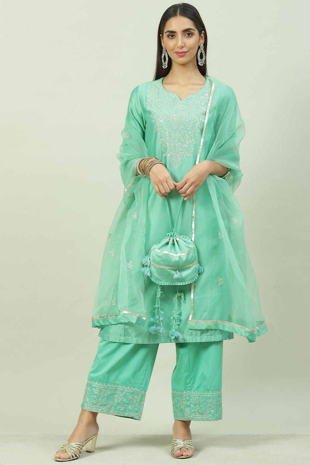 Sea Green Cotton Silk A-Line Kurta Palazzo Suit Set image number 0