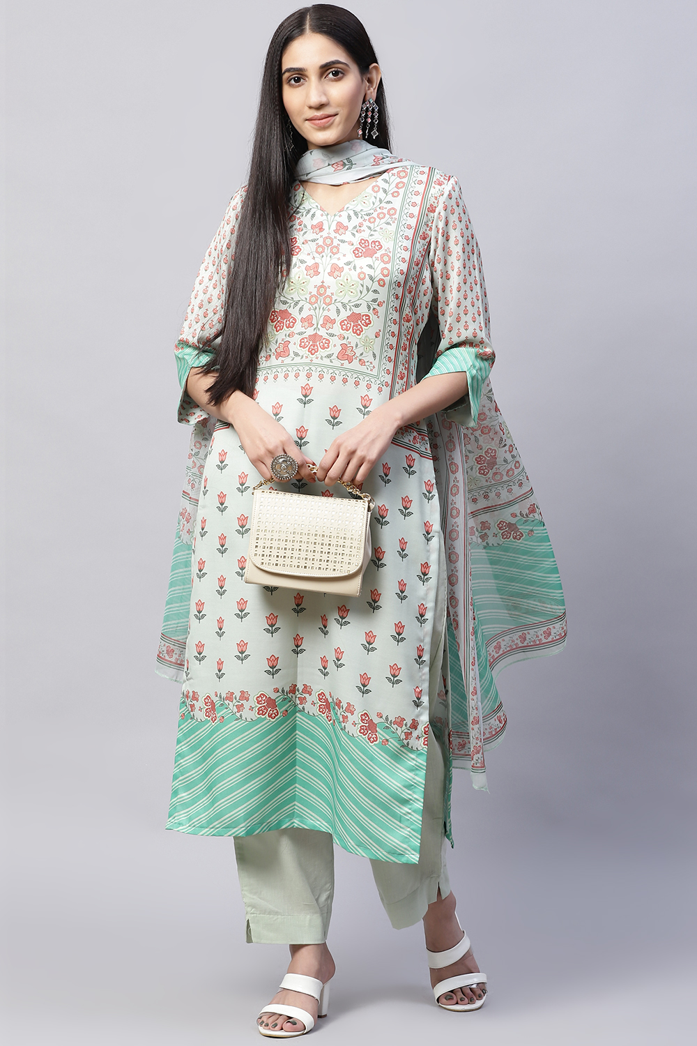 Pastel Green Cotton Blend Digital Print Unstitched Suit Set image number 7