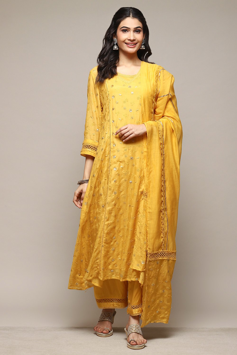 Mango Cotton Blend Kalidar Kurta Palazzo Suit Set image number 8