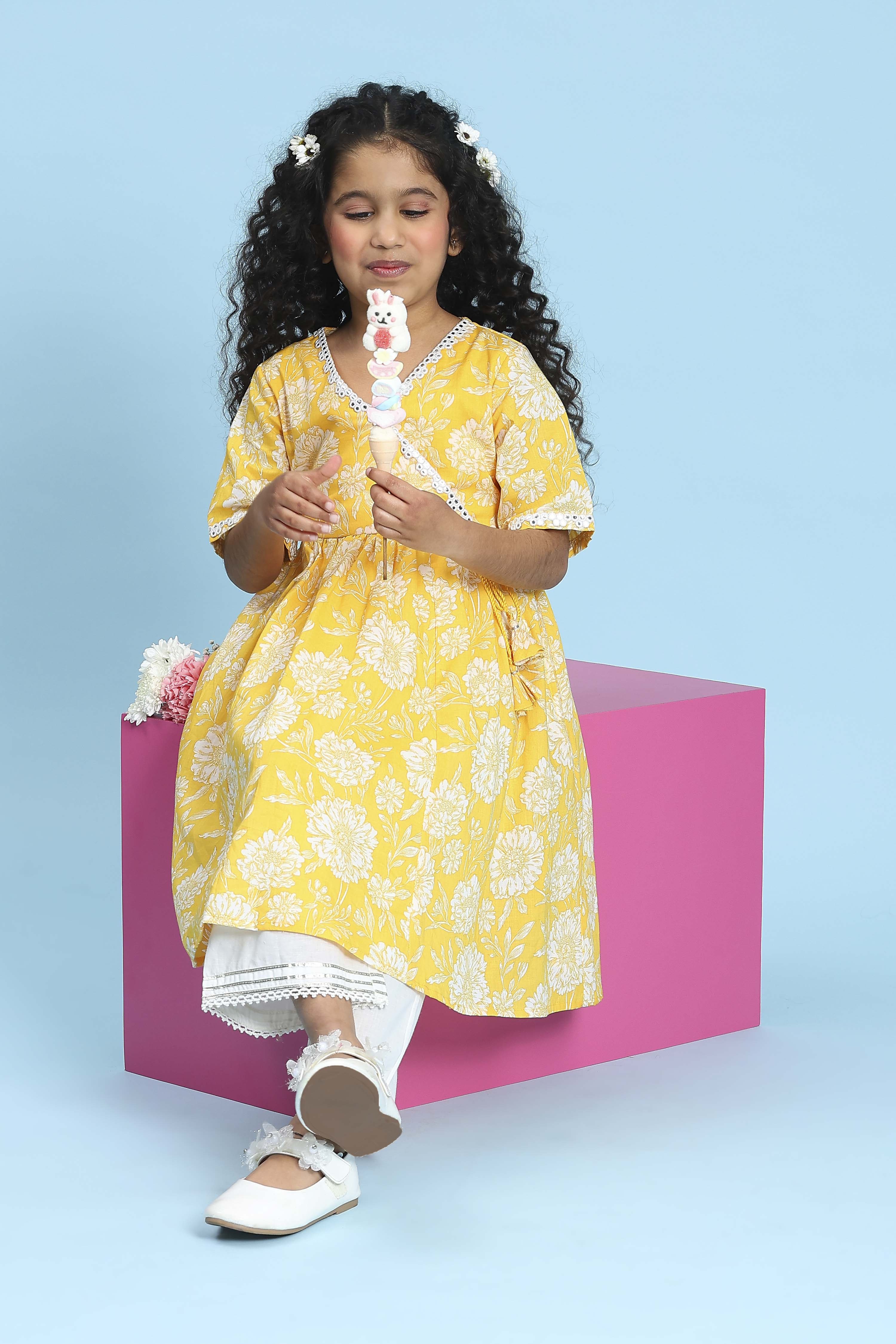 Yellow Cotton Printed Anarkali Suit Set image number 0