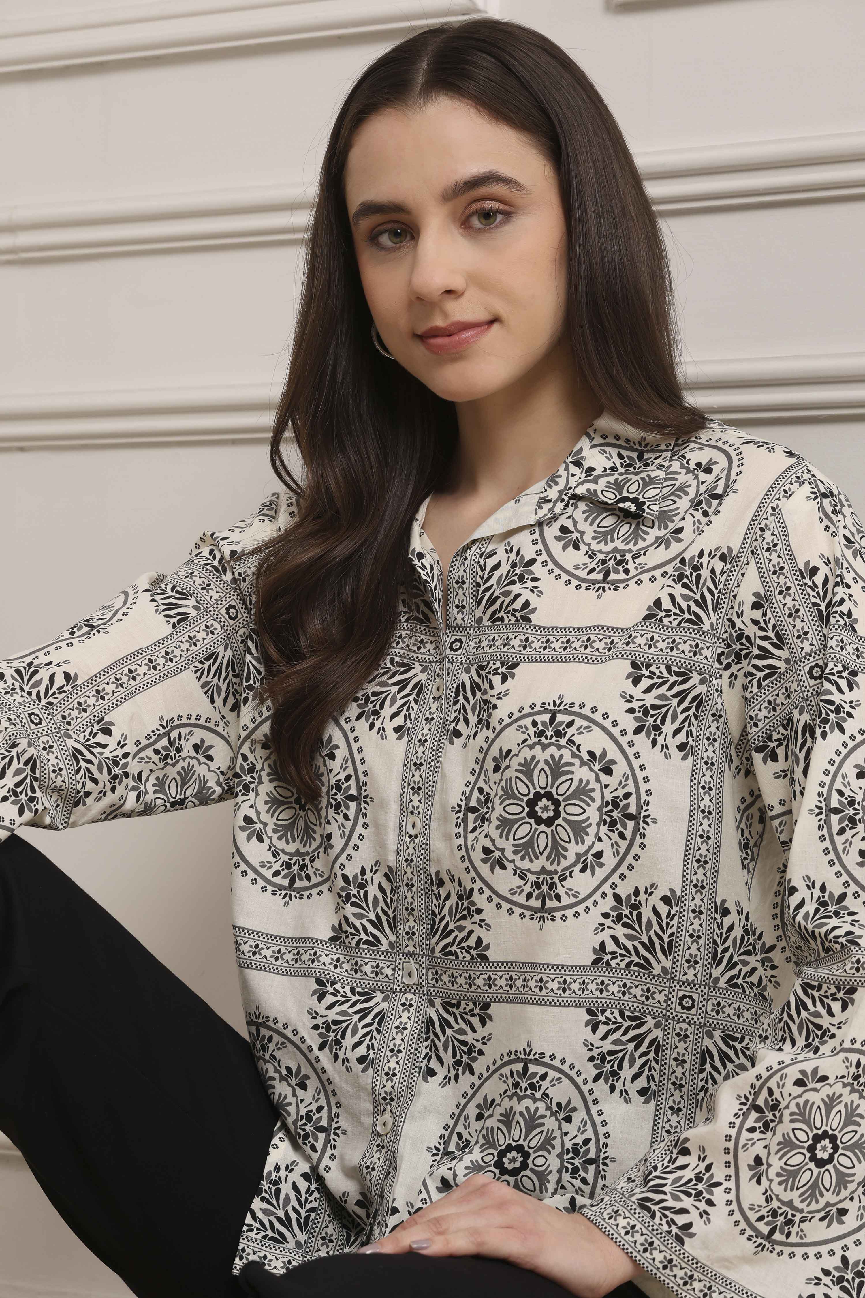 Black Cotton Printed Straight Shirt image number 6