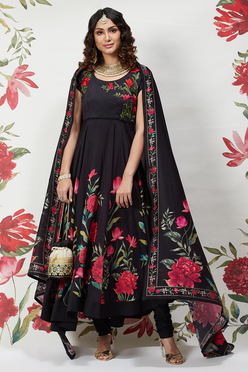 Rohit Bal Black Cotton Silk Flared Printed Suit Set image number 7