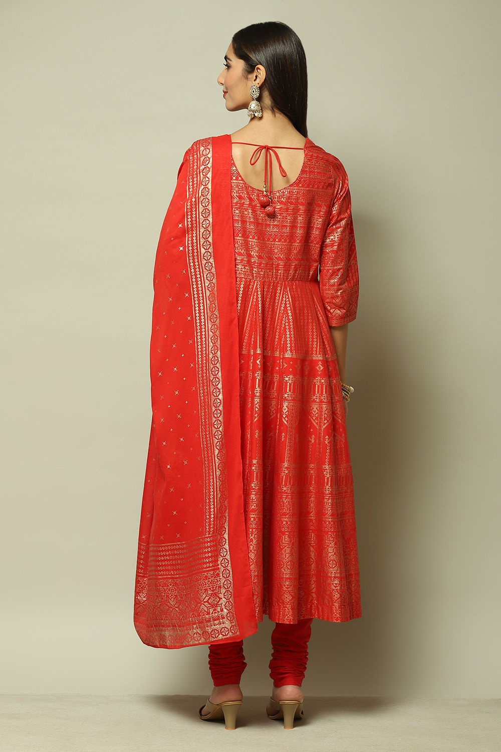 Red Cotton Anarkali Kurta Churidar Suit Set image number 4