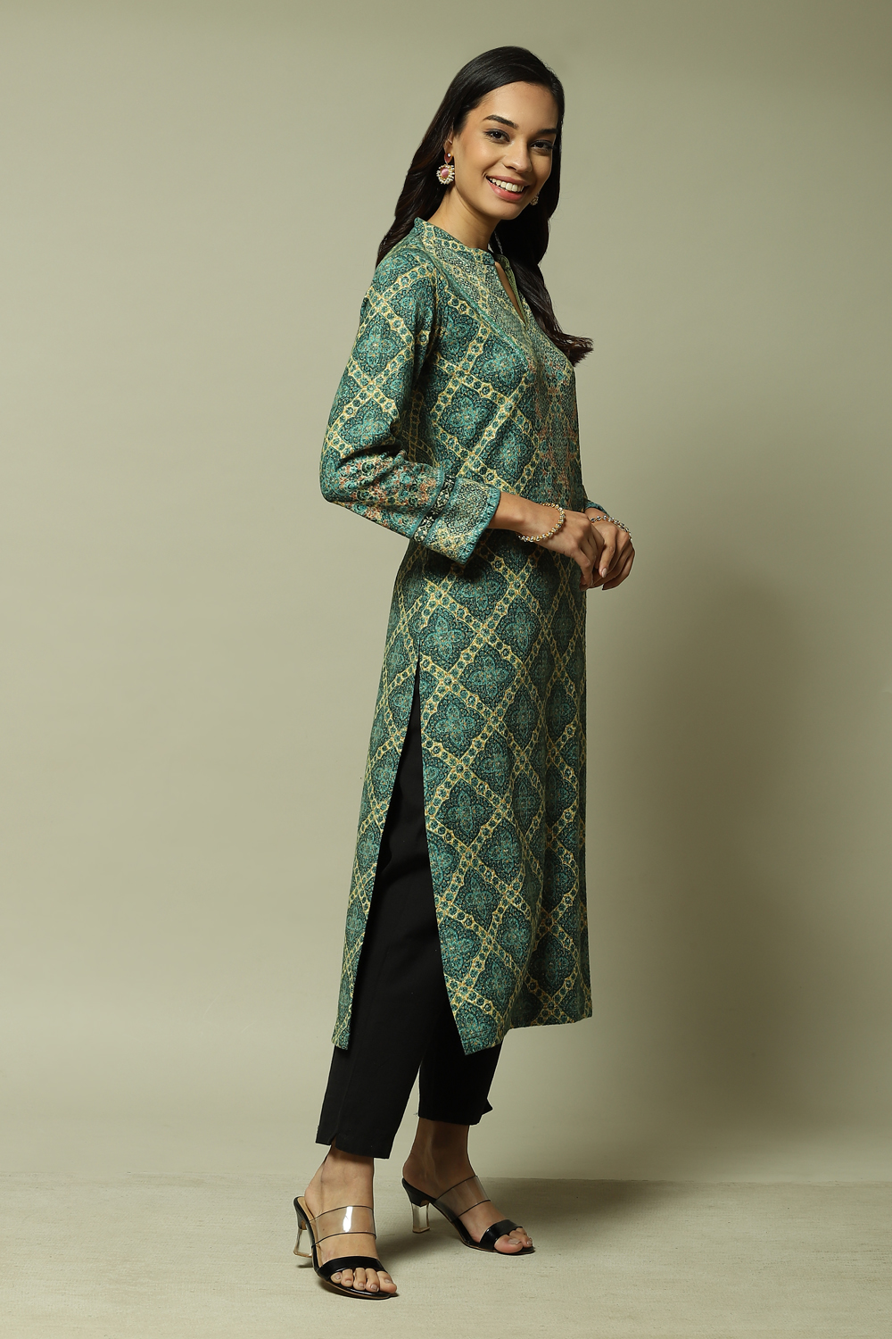 Green Acrylic Straight Printed Kurta image number 2