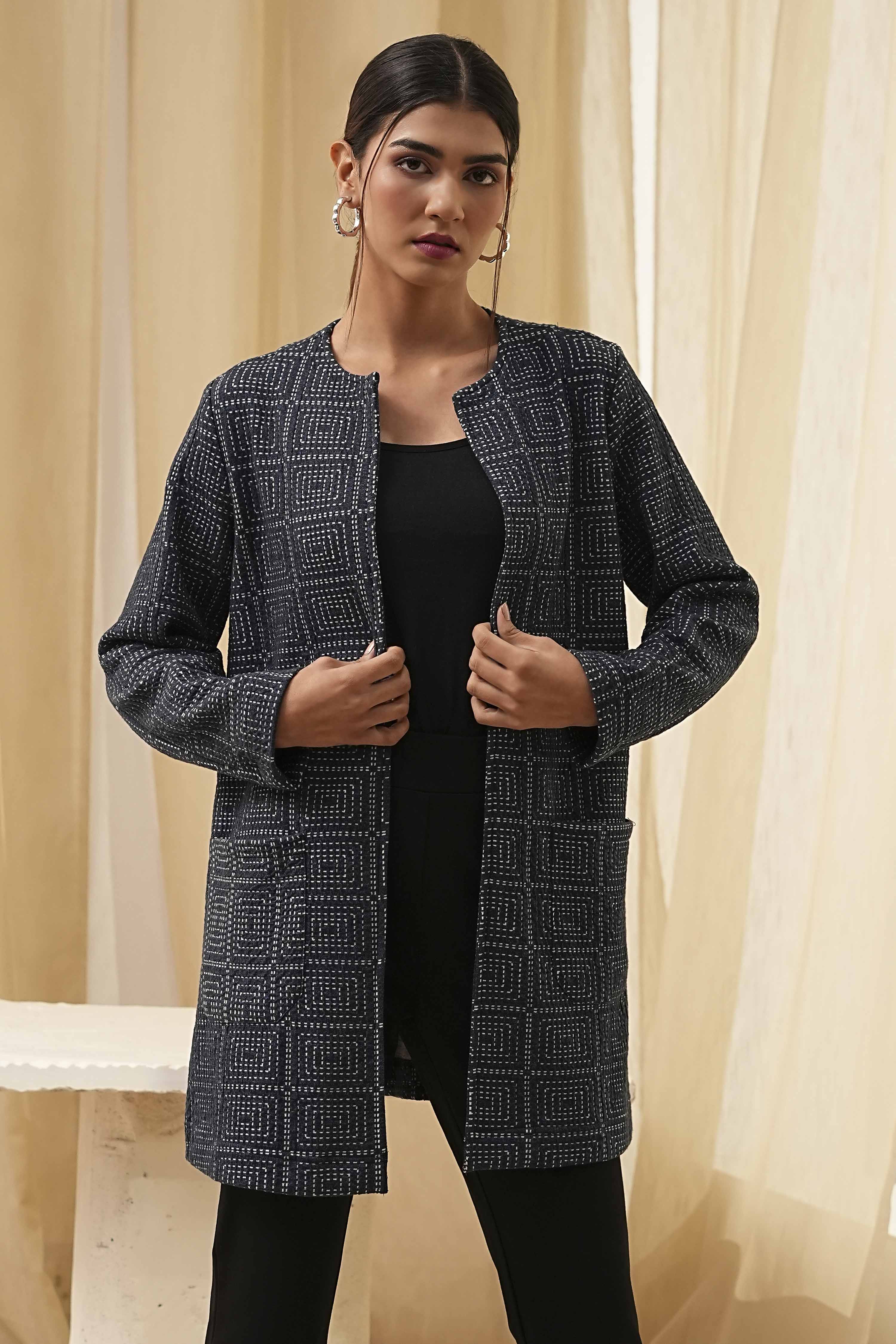 Navy Blue Printed Straight Jacket image number 5