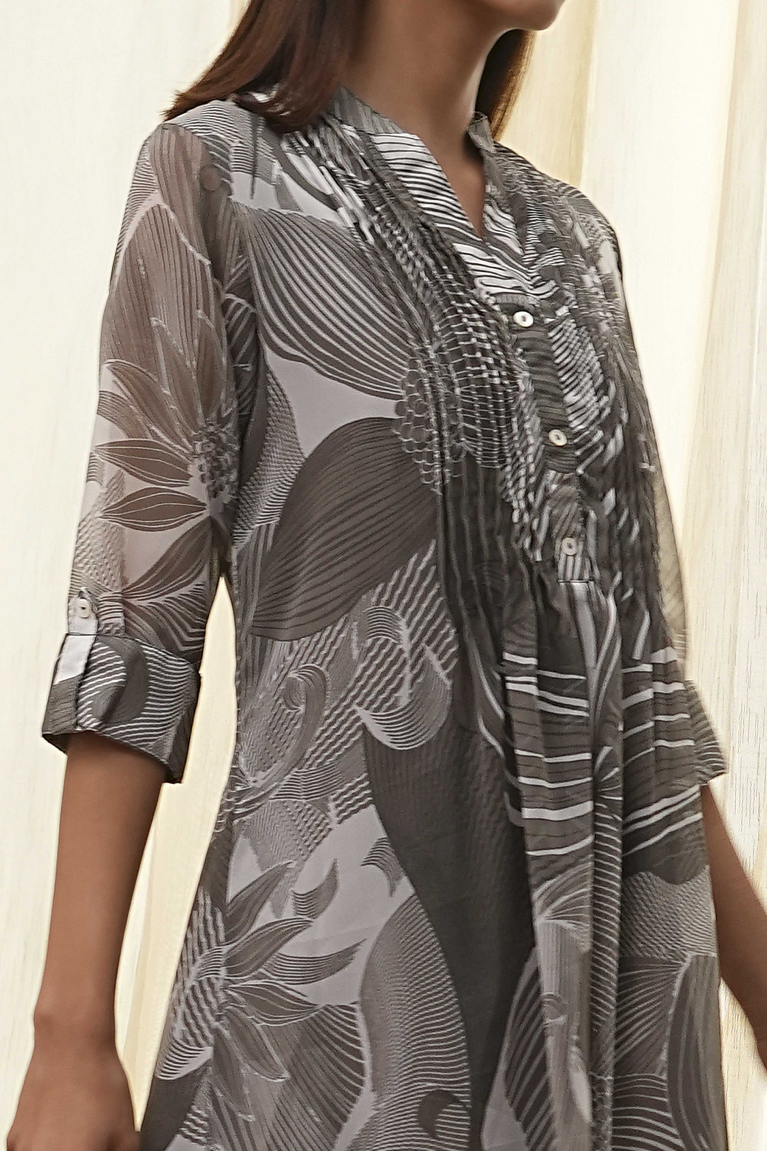 Blue Printed Pleated A-Line Kurta image number 1