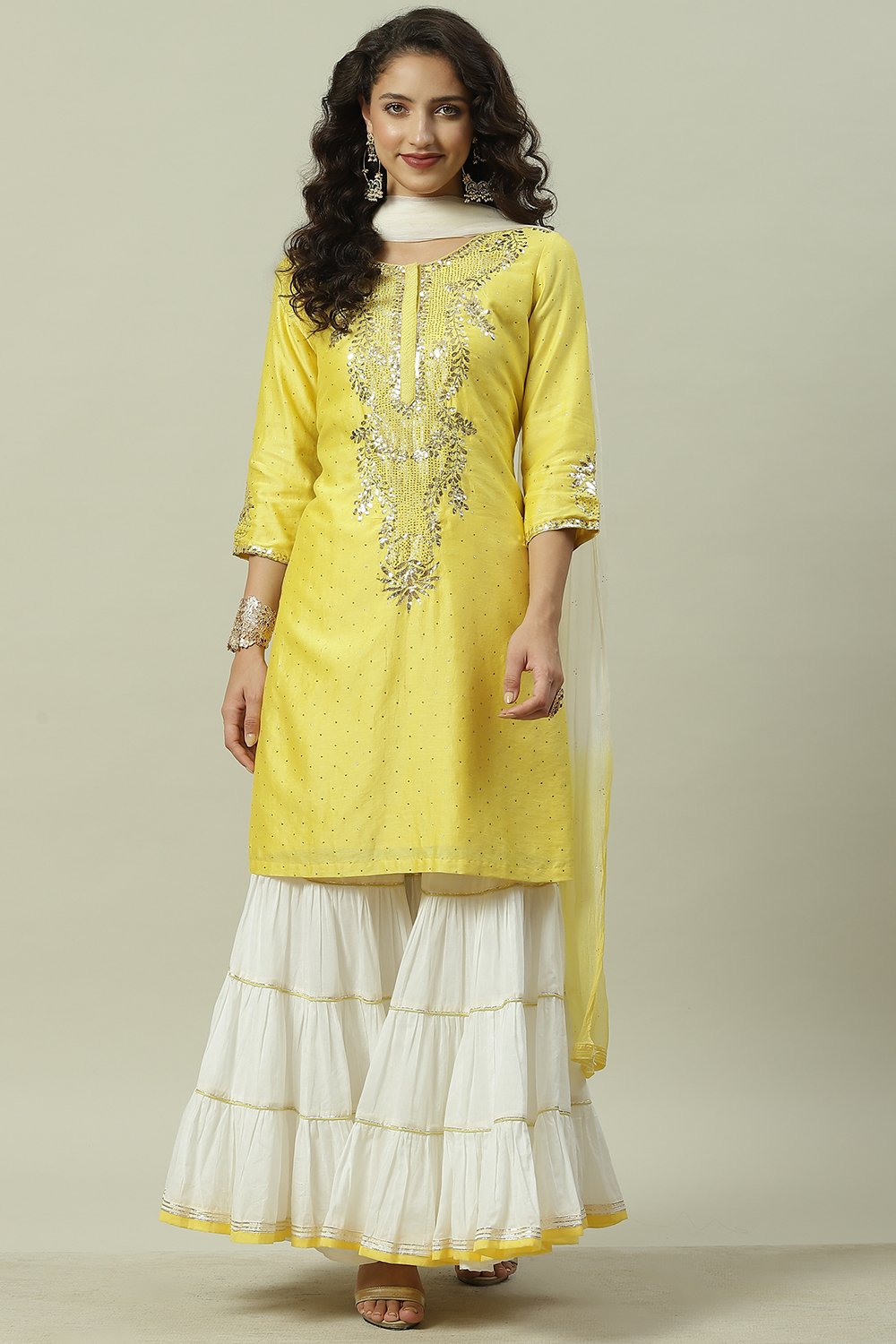 Yellow And White Cotton Silk Straight Kurta Garara Suit Set image number 5