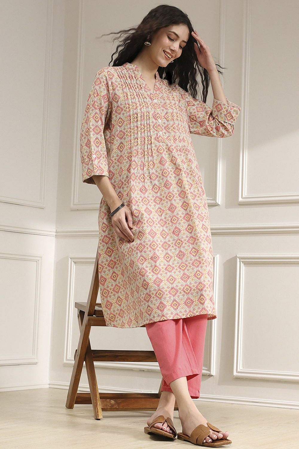 Blue Cotton Printed A-Line Kurta image number 0