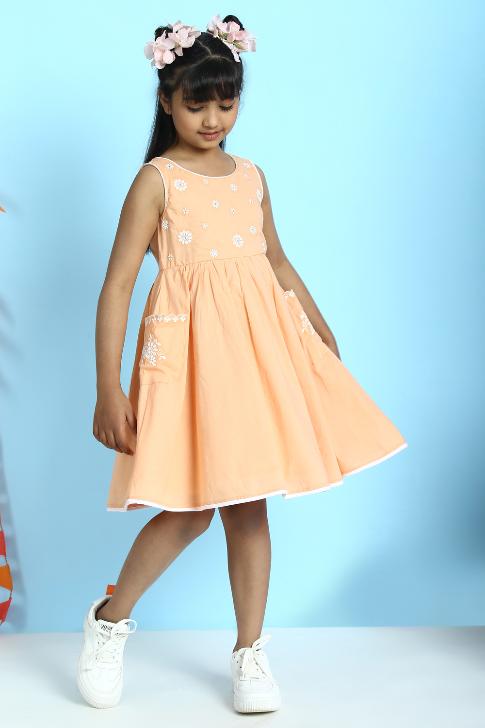 Orange Cotton Flared Embroidered Dress image number 0