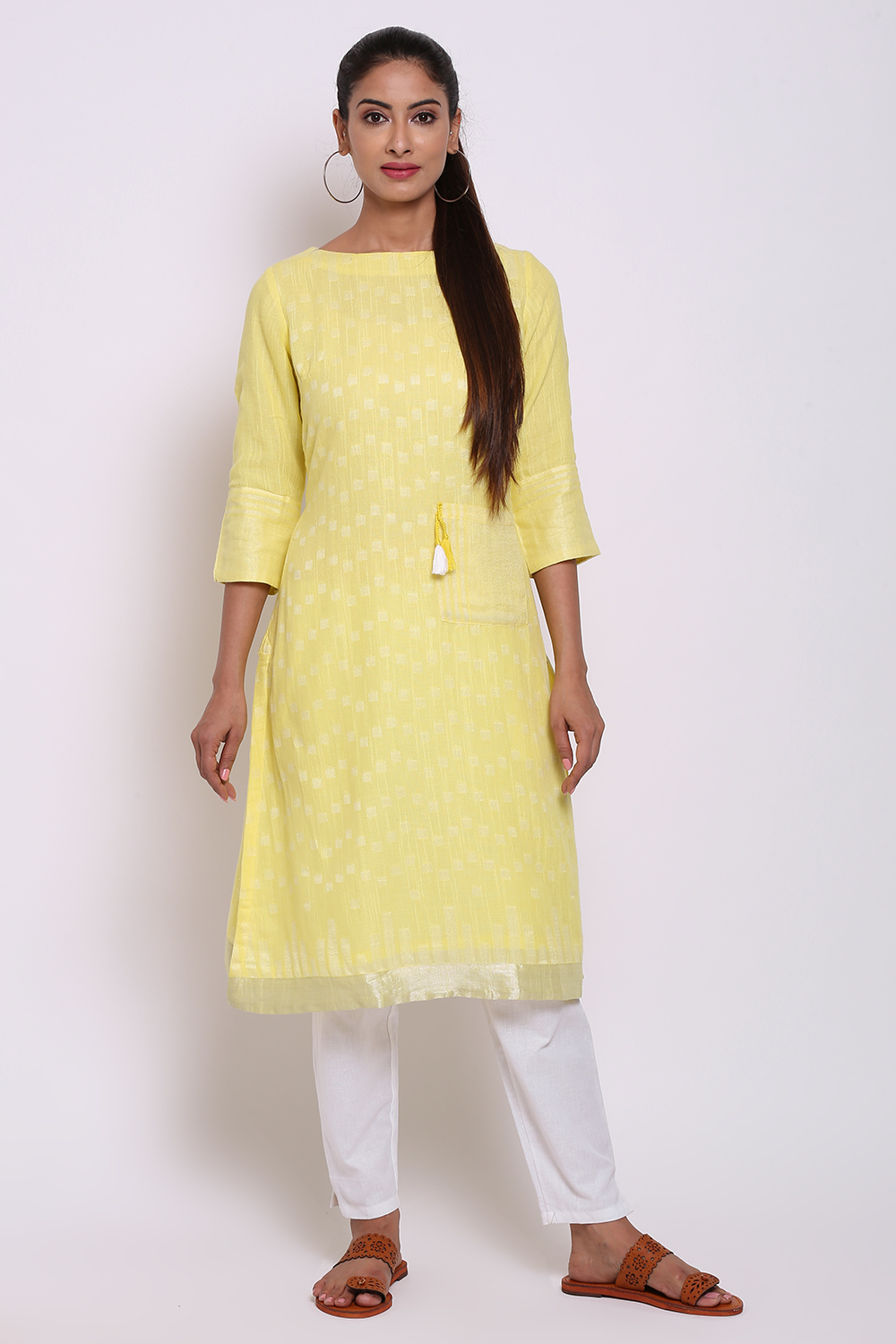 Yellow Viscose Cotton A-Line Yarndyed Kurta image number 2