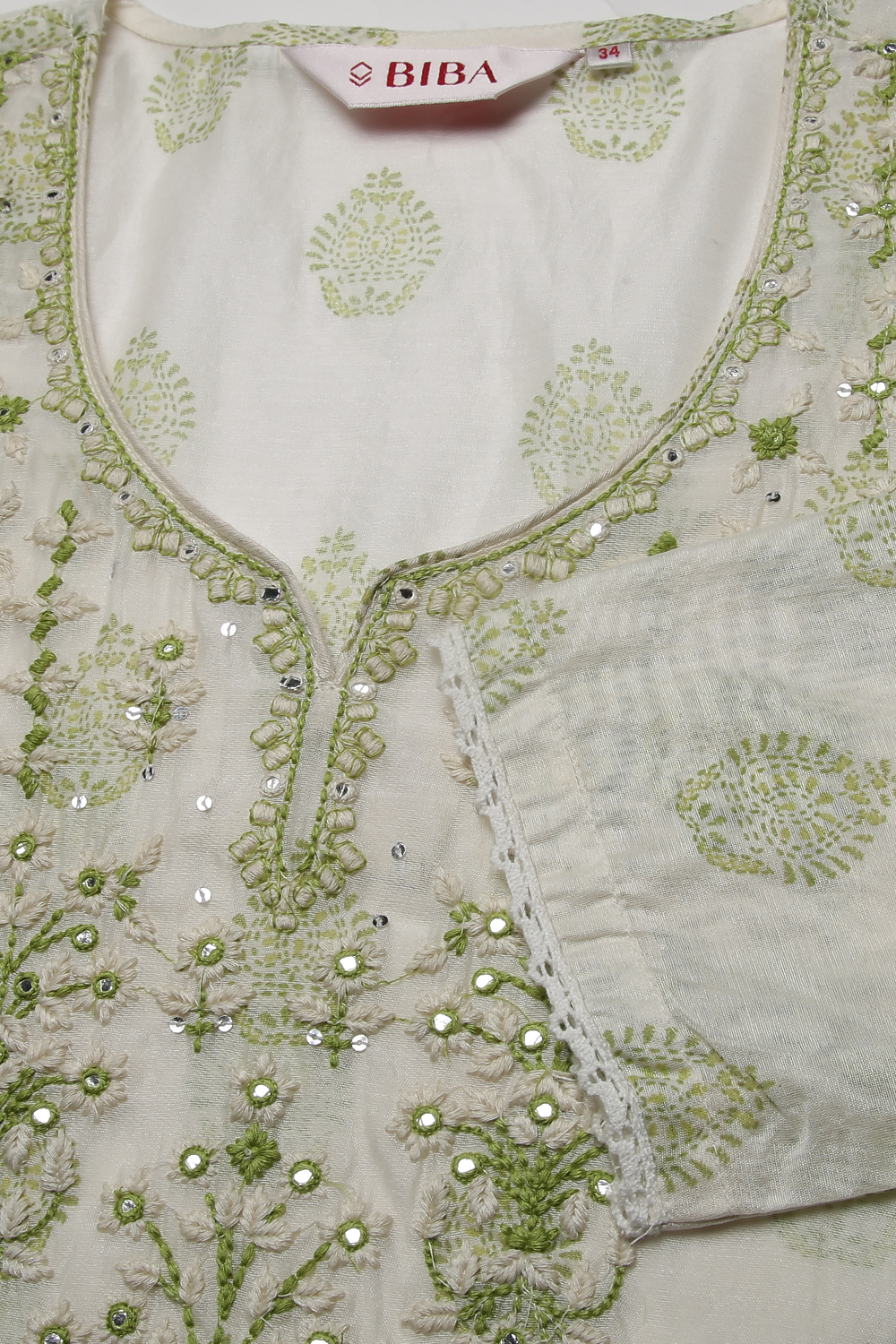 Off White And Green Chikankari Printed Kurta image number 1