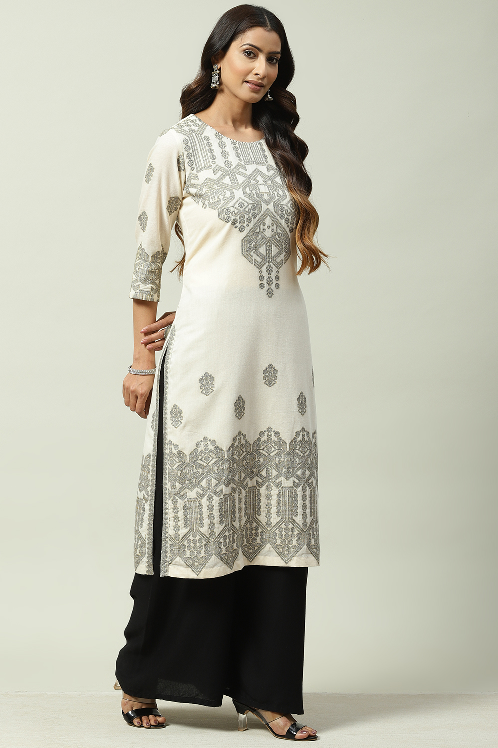 Black Beige Art Silk Straight Kurta image number 3