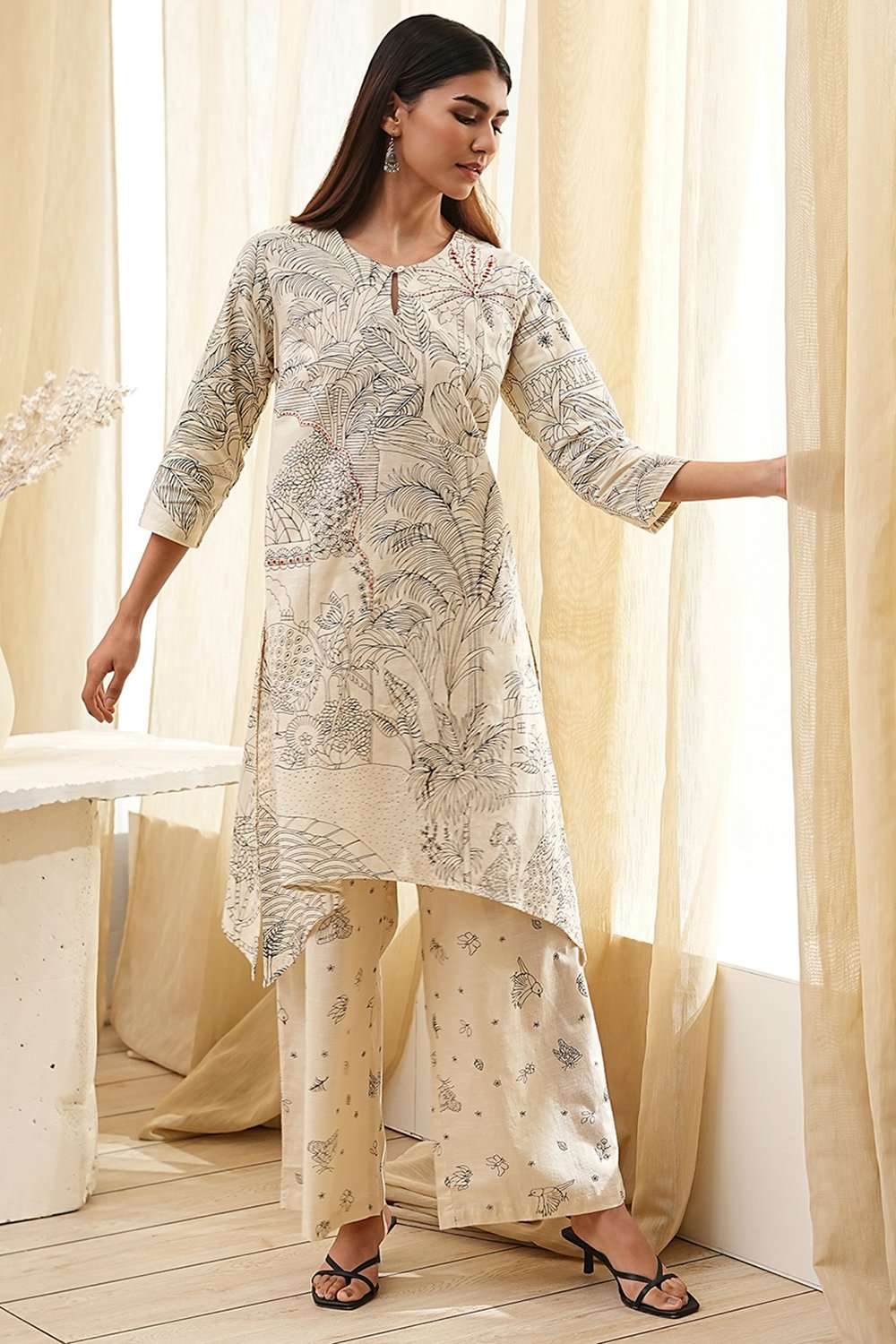 Off-White Cotton Straight Printed Kurta Set image number 0