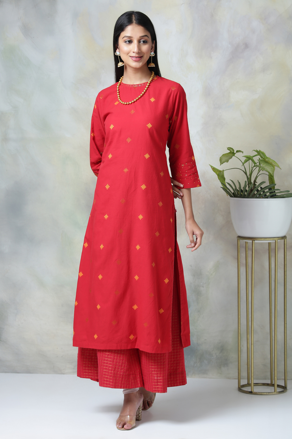 Red Cotton Straight Kurta Palazzo Suit Set image number 4